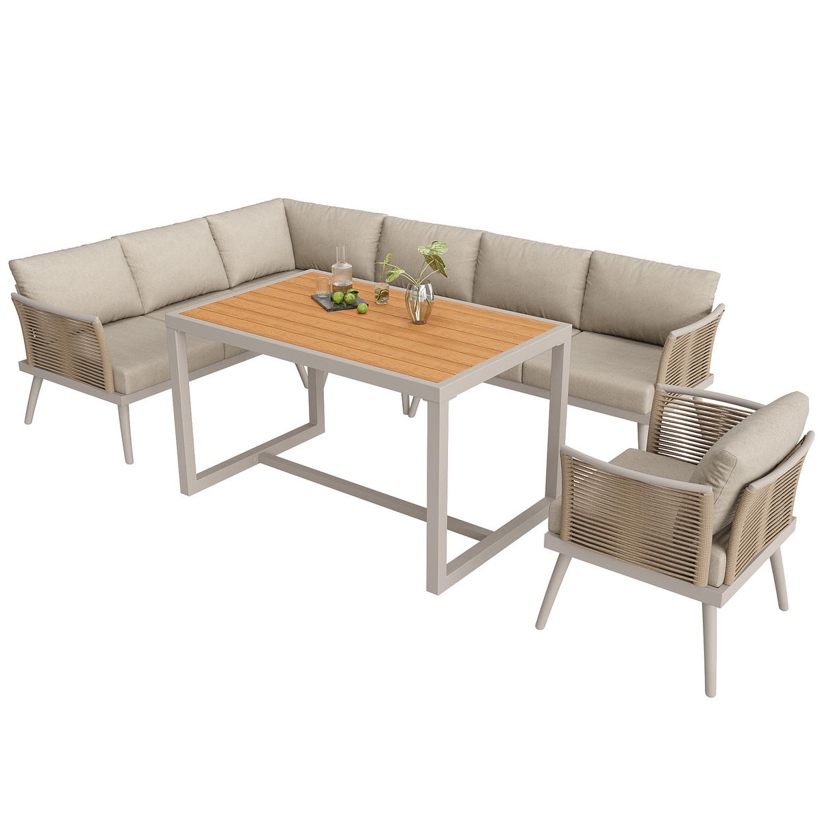 GARTENLOUNGE-SET Beige 7 Personen mit Couchtisch & geflochtenen Armlehnen - Beige, Metall - PANGIVO