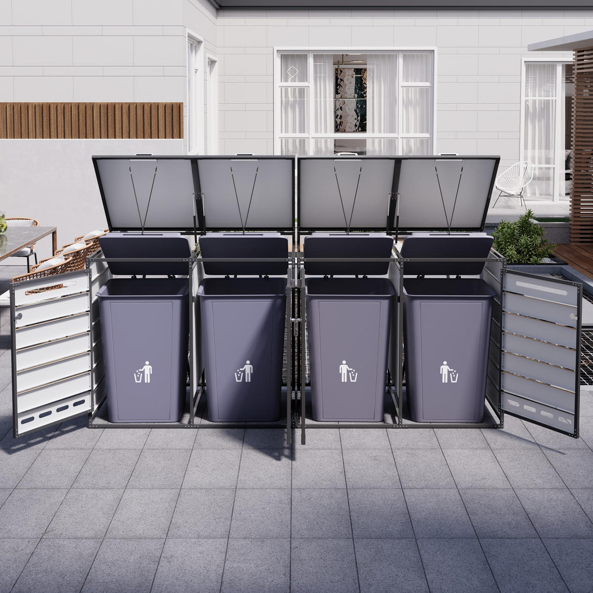 MÜLLTONNENBOX 4er Set Hydraulik Deckel Holzoptik horizontal Schloss - Schwarz, Metall (262/116/79cm) - LEBENLANG