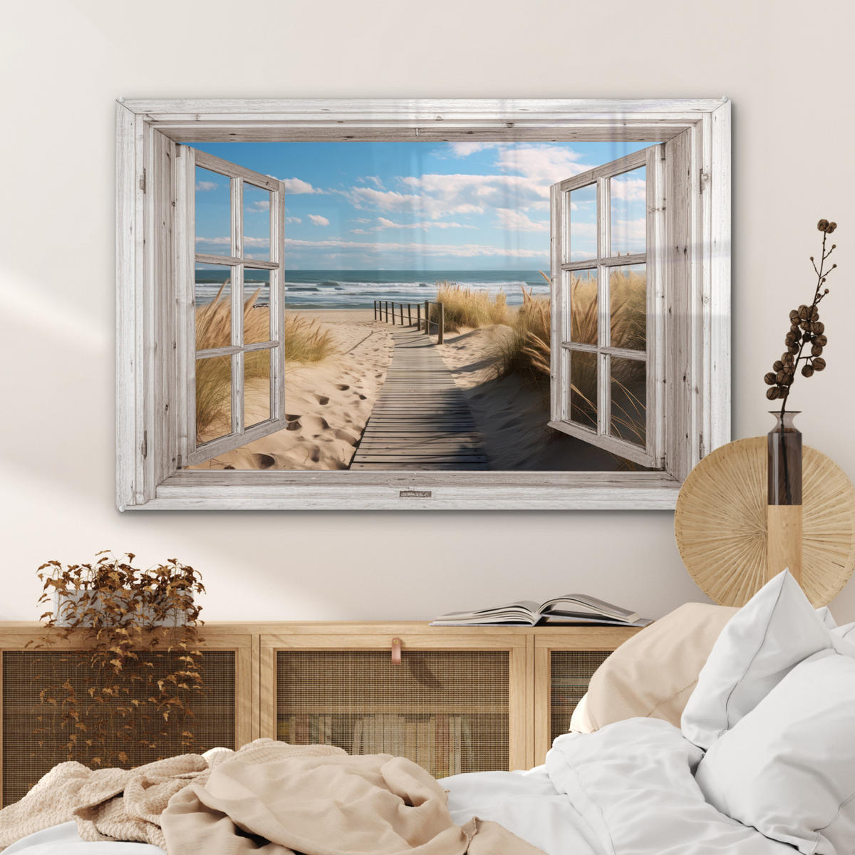 ACRYLGLASBILD Fenster - Meer - Küste - Natur - Ausblick - Strand - Wattenmeer 120x80 cm - Beige, Glas (120/80cm) - MuchoWow