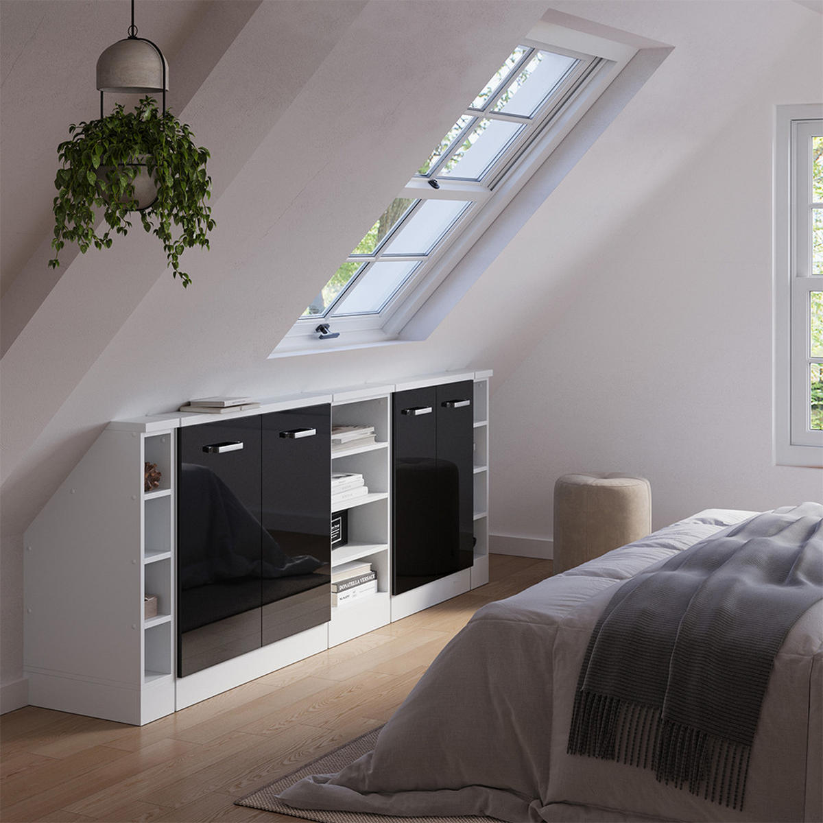 KUCHYŇSKÁ SKŘÍŇKA POD ŠIKMOU STŘECHU R-Line Černý vysoký lesk - bílá/černá, kompozitní dřevo (210/81.6/46cm) - Vicco