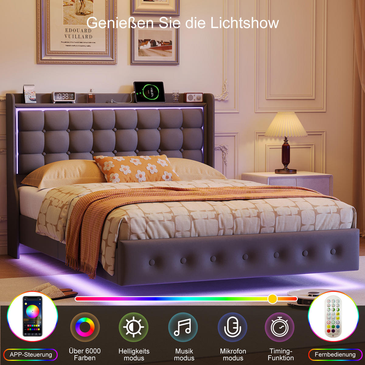 POLSTERBETT 160x200 cm mit LED und USB, Doppelbett mit Lattenrost und Kopfteil, Samtbezug, Grau - Grau, Holzwerkstoff/Textil (160/200cm) - GENKI LIVING