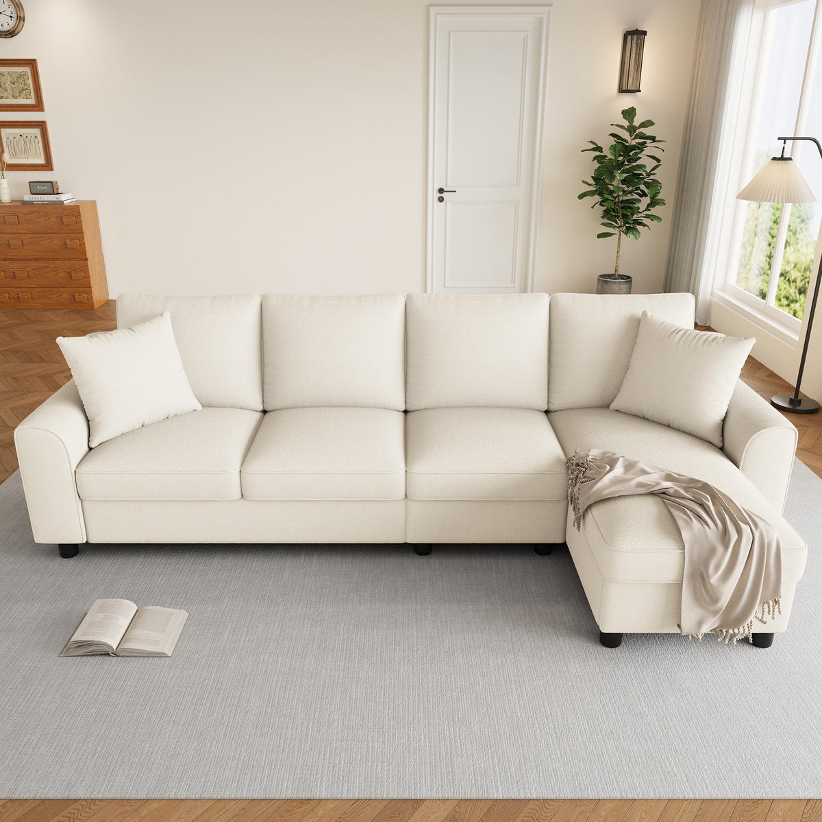 4-SITZER ECKSOFA Chenille Beige mit Stauraum und Getränkehaltern - Beige, Holzwerkstoff/Kunststoff (280/136cm) - WISHDOR