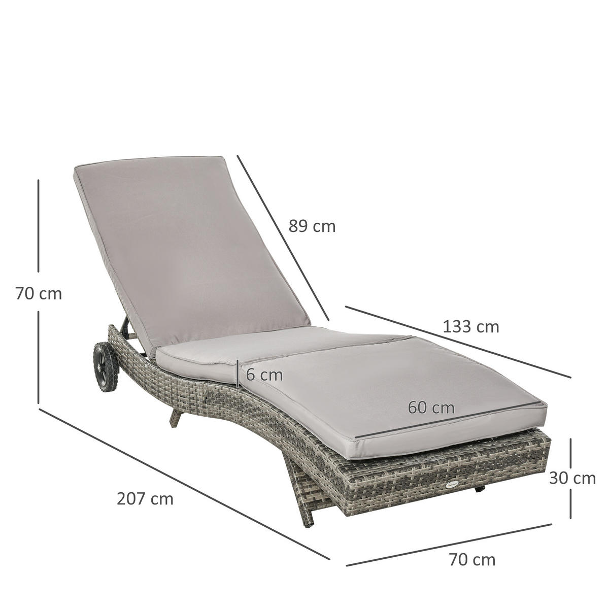 SONNENLIEGE DE-13565 5-fach verstellbar mit Rollen, abnehmbare Matratze Grau - Grau, Kunststoff/Metall (70/70/207cm) - ComfortXL