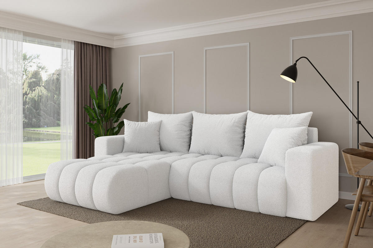 ROHOVÁ SEDAČKA s funkcí spaní, otoman vlevo MILA-L-v1 277x195x86 bílá bouclé - bílá/černá, kompozitní dřevo/textil (277/194cm) - ALTDECOR
