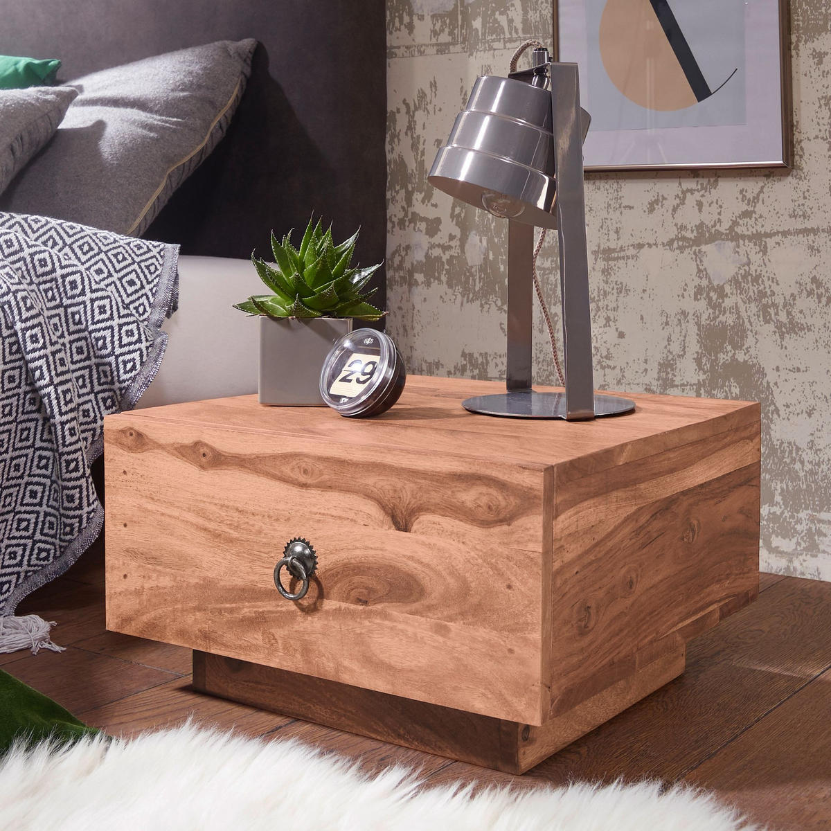 NACHTTISCH Massivholz Schublade Landhausstil Handgefertigt NAKO, Beige 40x40x25 cm - Beige, Holz/Metall (40/25/40cm) - KADIMA DESIGN