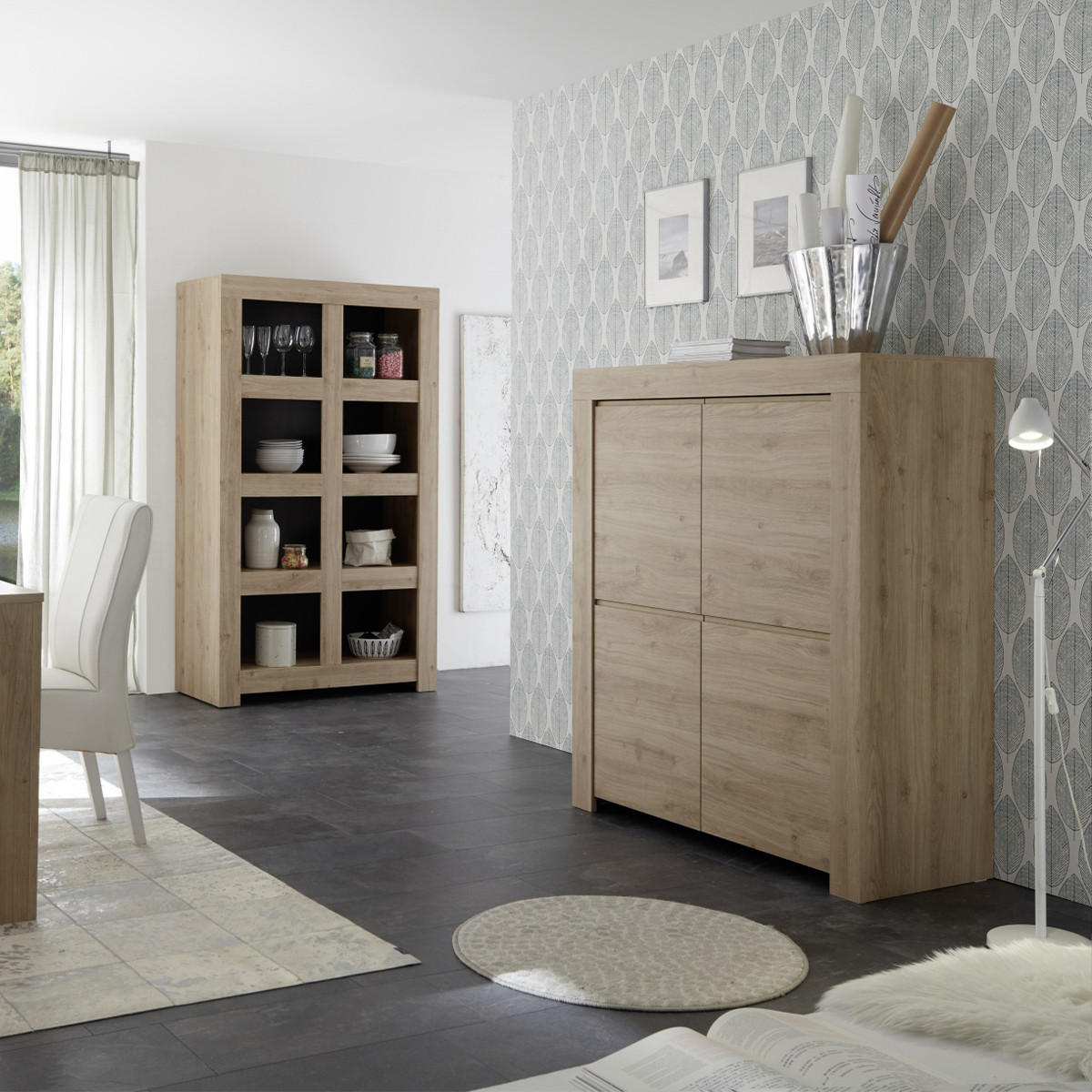 HIGHBOARD mit 4 Türen H140 cm - Firenze - Eichefarben, Holzwerkstoff (110/140/42cm) - Calicosy
