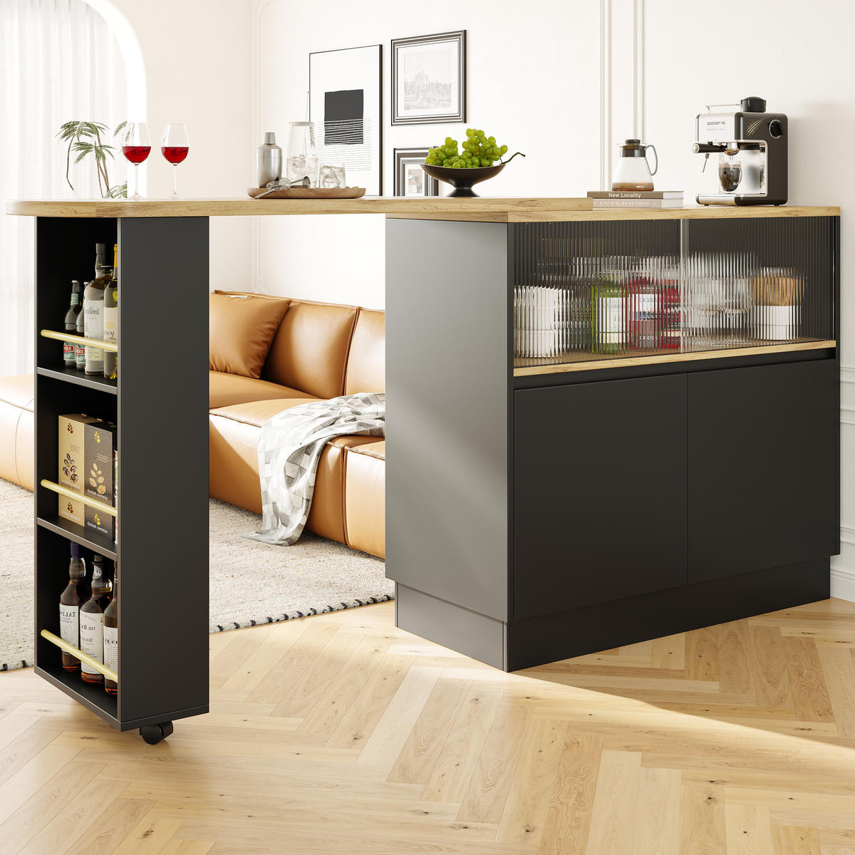 STEHTISCH mit Stauraum und Schiebetüren – Multifunktionaler Bartisch 120 cm - Schwarz, Holzwerkstoff/Metall (90/100/45cm) - Urban Meuble