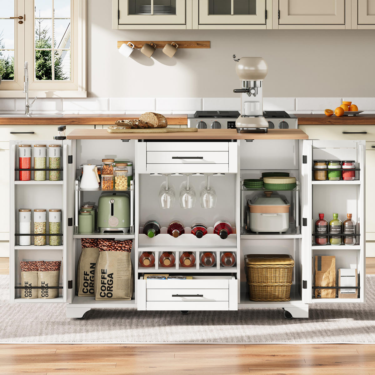 KÜCHENINSEL 138x70x92cm Weiß mit Ausziehplatte, Weinregal, Schubladen & Rollen - Weiß, Holzwerkstoff (138/92/70cm) - Modfu