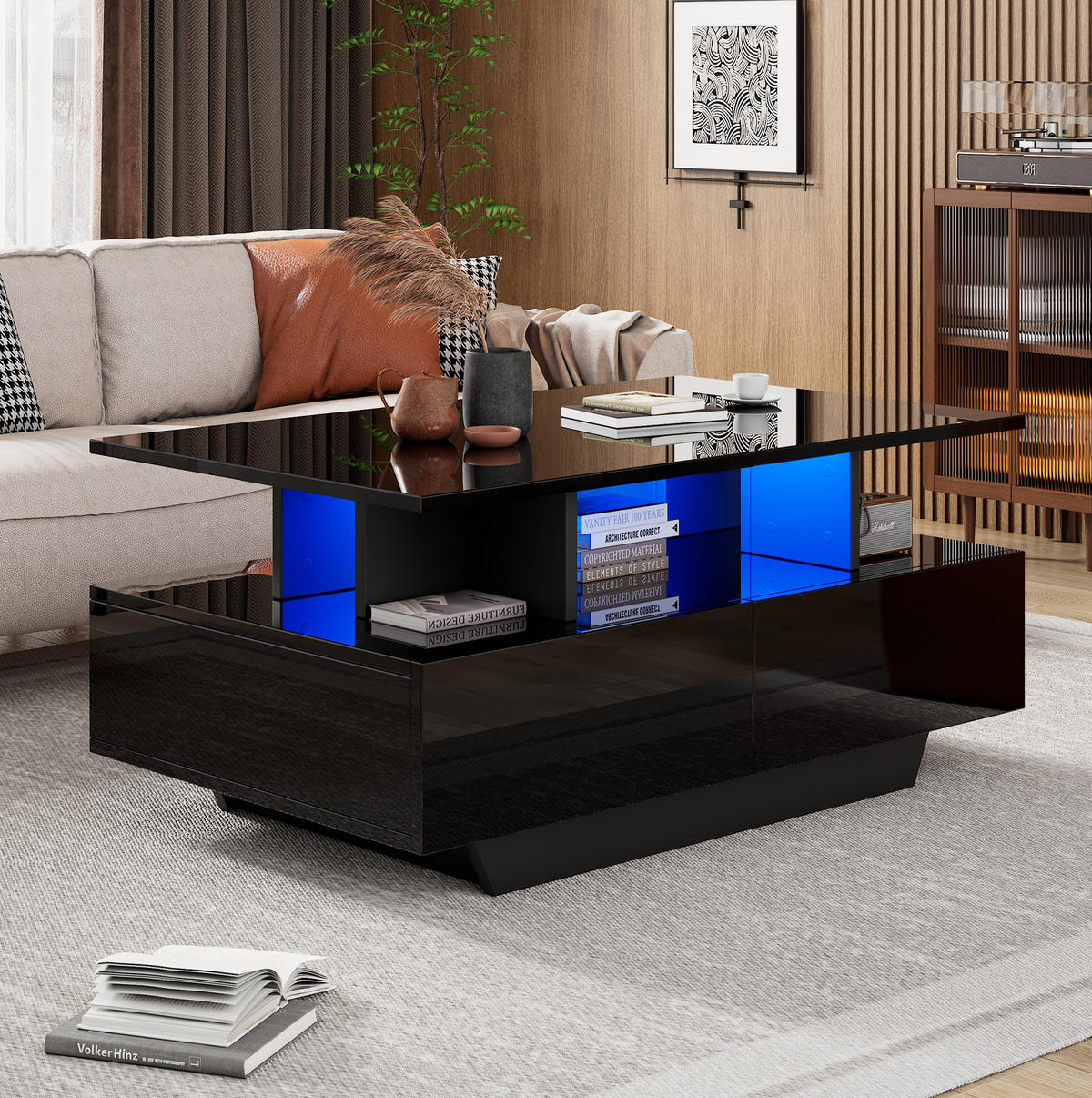 COUCHTISCH mit 2 Schubladen 90x55x41 cm Hochglanz Schwarz mit LED - Schwarz, Holzwerkstoff (90/55/41cm) - Meubliv