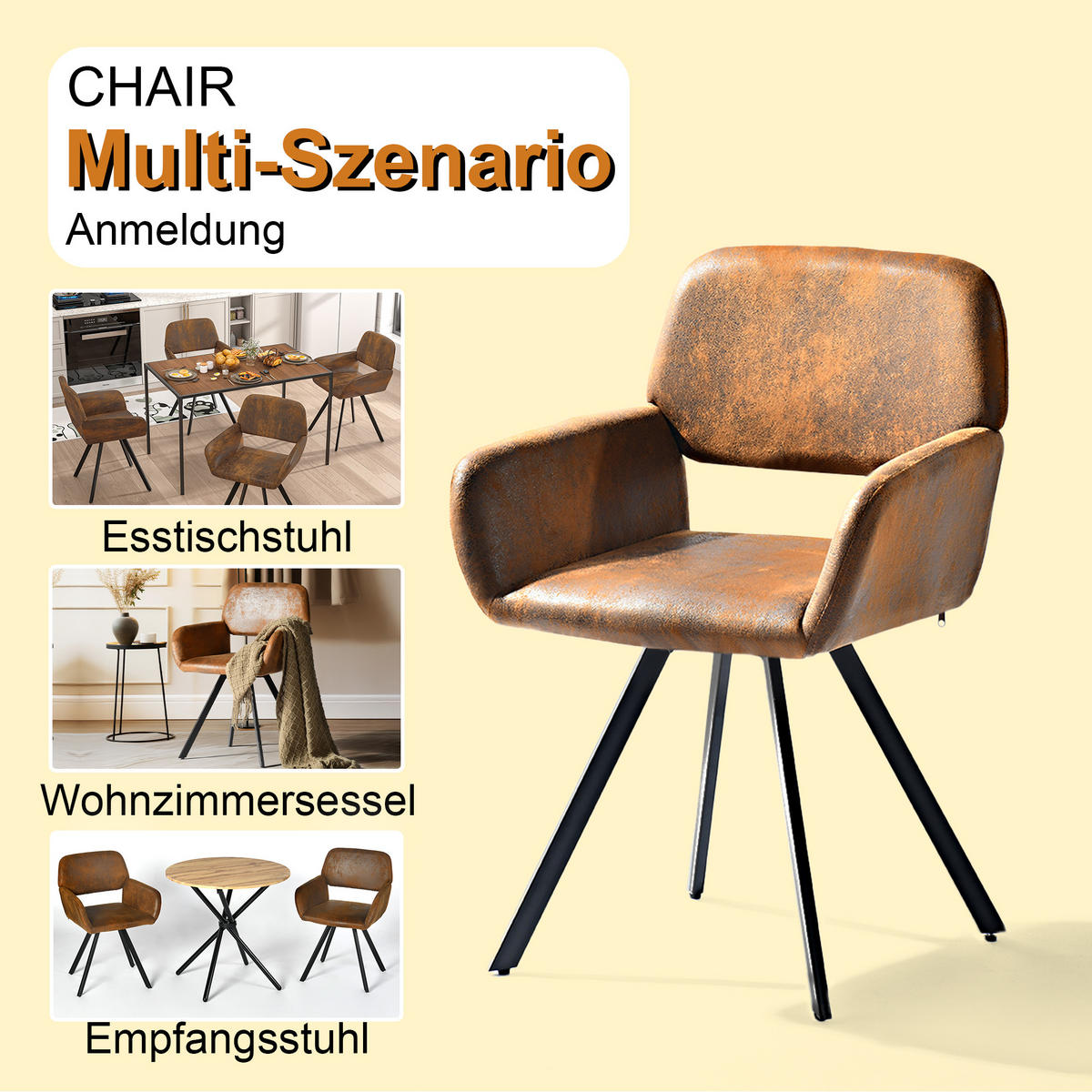 ESSTISCH-SET 1+4, runder Tisch in Walnuss-Optik mit 4 Esszimmerstühlen - Walnussfarben/Schwarz, Holzwerkstoff (80/75/80cm) - Urban Meuble