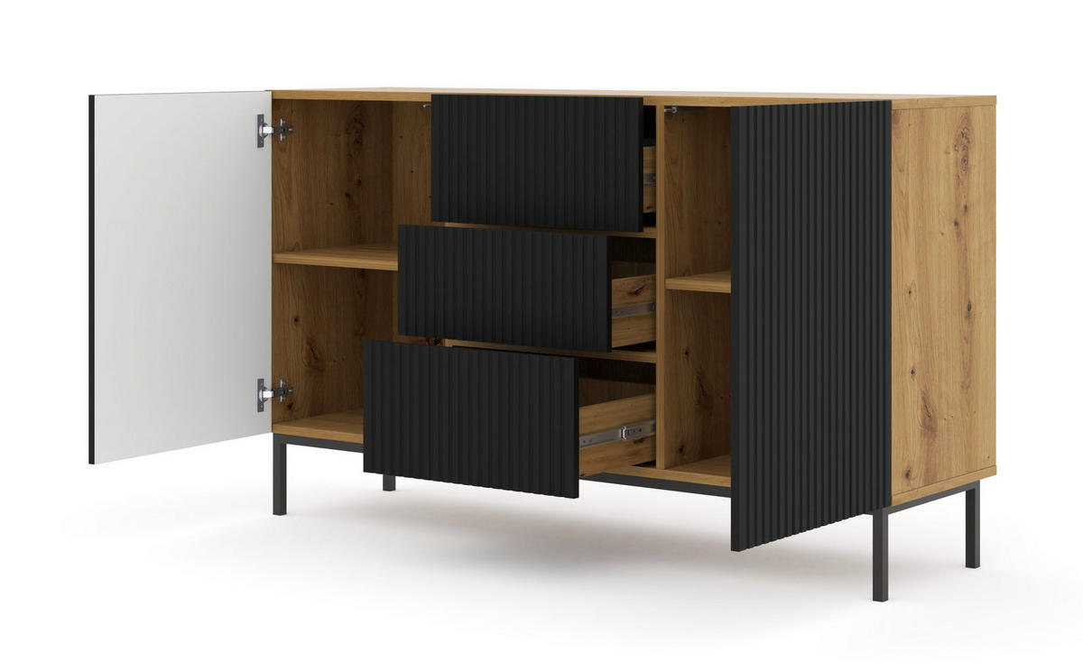 KOMMODE Artisan Eiche, Schwarz, Schwarz 150/87/42 - Schwarz, Holzwerkstoff (150/87/42cm) - RAUMHIRSCH FURNITURE