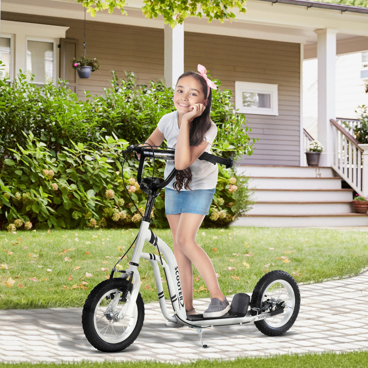 KINDERSCOOTER DE-16925 12 Zoll Luftreifen + Doppelbremse Weiß - Weiß, Metall (120/58/95cm) - ComfortXL