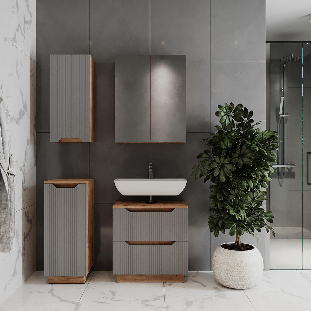 BADMÖBEL-SET Lotta Eiche/grau gestreift 4 Teile - Eichefarben/Grau, Holzwerkstoff (59.8/62.5/32cm) - Vicco