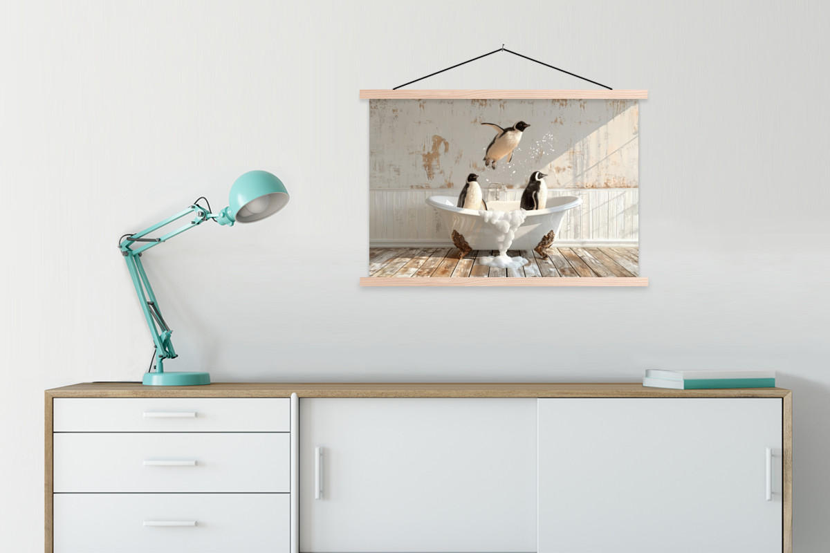 POSTER Vintage - Pinguin - Badewanne - Schaumstoff 90x60 cm - Schwarz, Textil (90/60/0.15cm) - MuchoWow