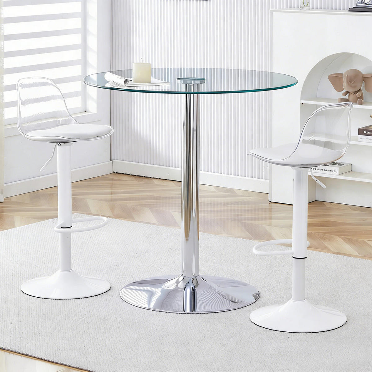 TISCHGRUPPE 3-tlg Glastisch 89 cm mit 2 Barhockern Höhenverstellbar Drehbar - Transparent, Glas/Metall (49.5/50/51cm) - Raelunyi