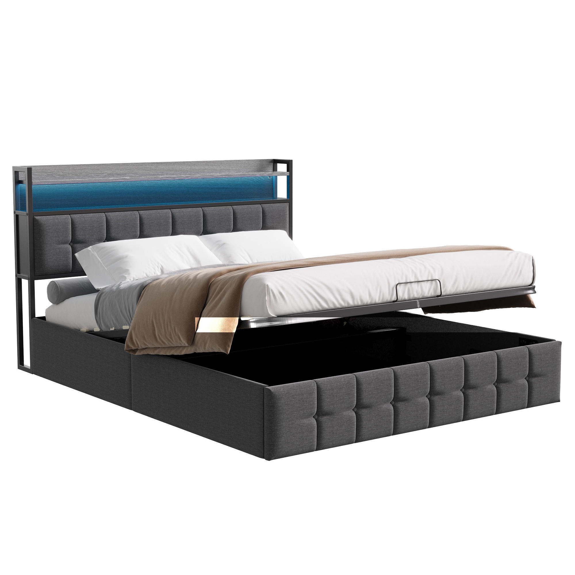 BETT mit Bettkasten 140x200 cm mit LED und USB, Polsterbett 140x200, Doppelbett 140x200 mit Stauraum, Lattenrost, Kopfteil, Grau Leinenstoff - Grau, Textil/Metall (140/200cm) - GENKI LIVING