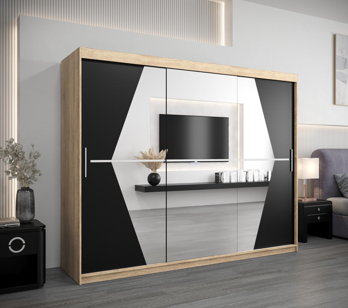SCHWEBETÜRENSCHRANK 200/250/62 3-türig - Silberfarben/Schwarz, Holz/Kunststoff (250/200/62cm) - Abiks Möbel