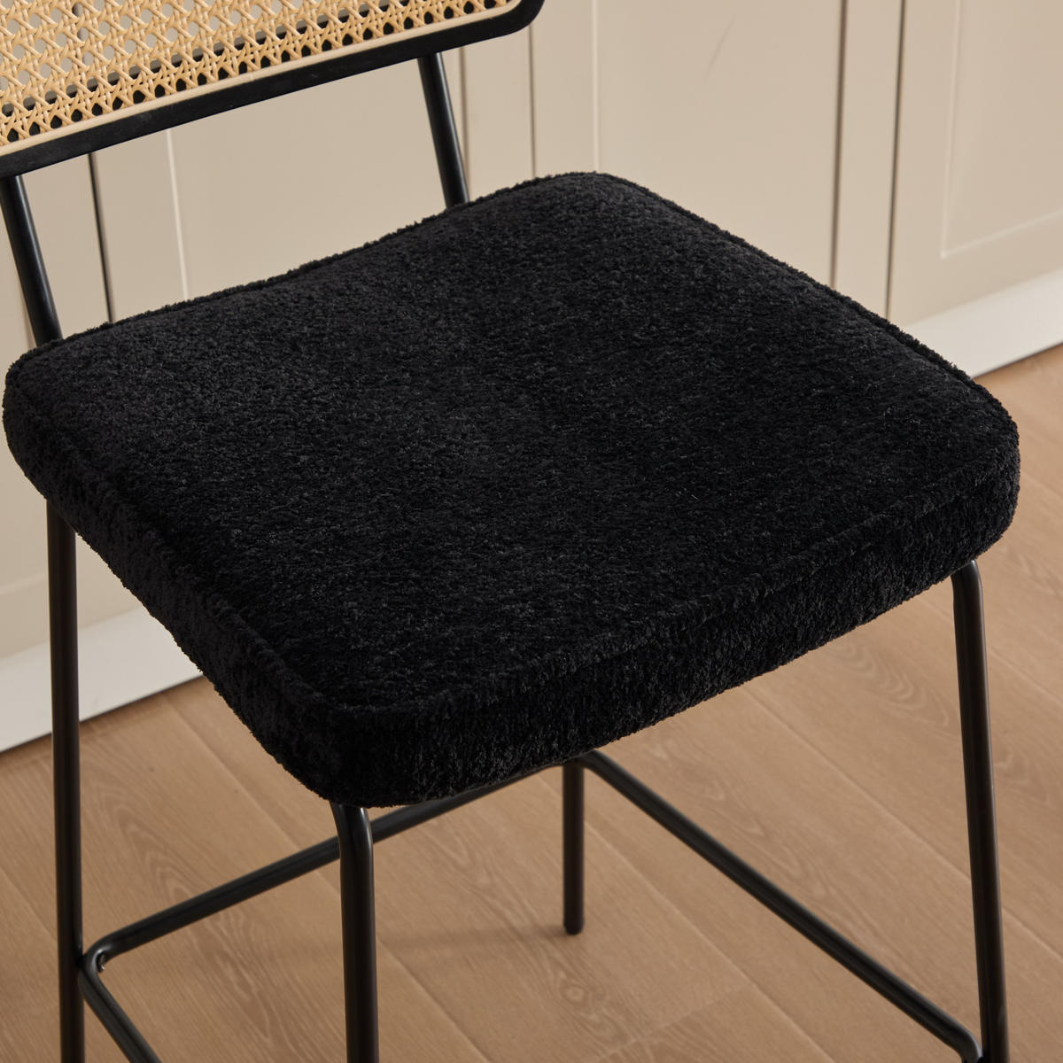 BARHOCKER DE-36881 2er-Set mit Chenille-Bezug und Rattan-Optik Schwarz - Schwarz, Metall (59.8/96.5/46.2cm) - ComfortXL