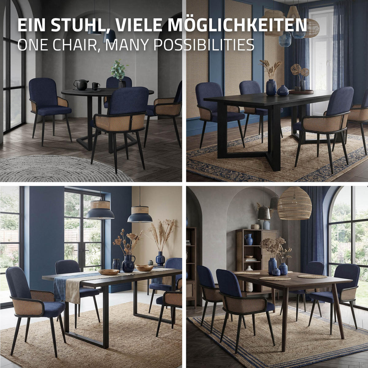 JÍDELNÍ ŽIDLE, sada 2 ks, tmavě modrá, s látkovým potahem v ratanovém vzhledu - černá/tmavě modrá, kov/textil (51/91/61cm) - ML-DESIGN