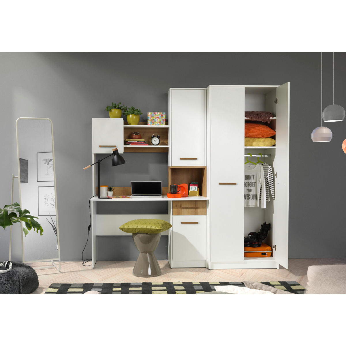 KLEIDERSCHRANK SCHREIBTISCH GRANT MINI WEIß+RIVIERA EICHE 200/195/54 - Weiß, Holzwerkstoff (200/195/54cm) - Marmex Möbel