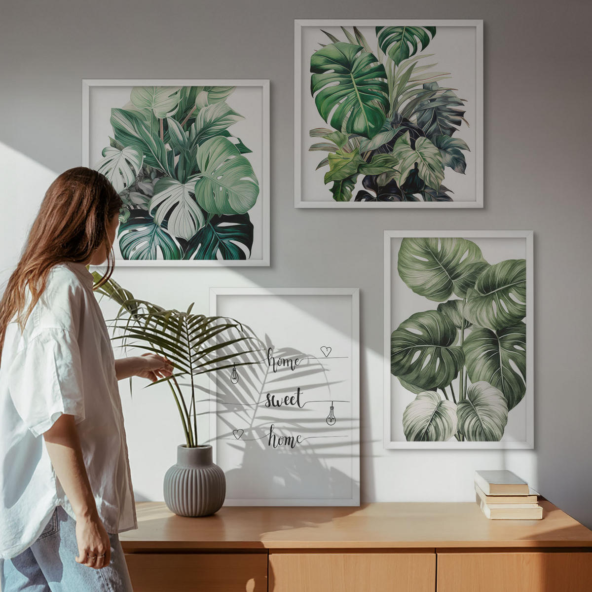 WANDBILDER 4er-Set - 50x50 cm & 40x60 cm Weißer Rahmen - Aquarell-Monstera-Blätter - Weiß, Kunststoff (50/50cm) - ArtPrintCave