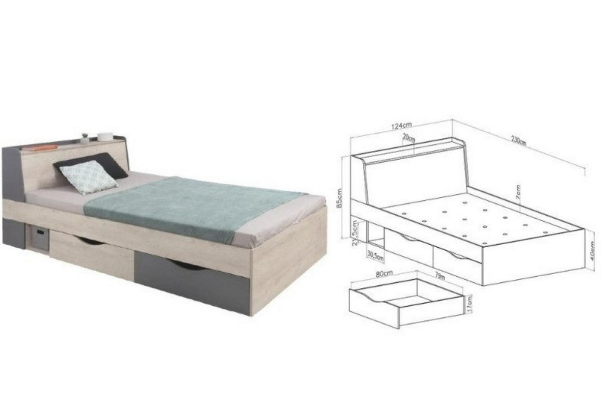 JUGENDBETT DARLA D15 120/200 Eiche/Anthrazit - Anthrazit/Sonoma Eiche, Holzwerkstoff (120/200cm) - Deine Möbel 24