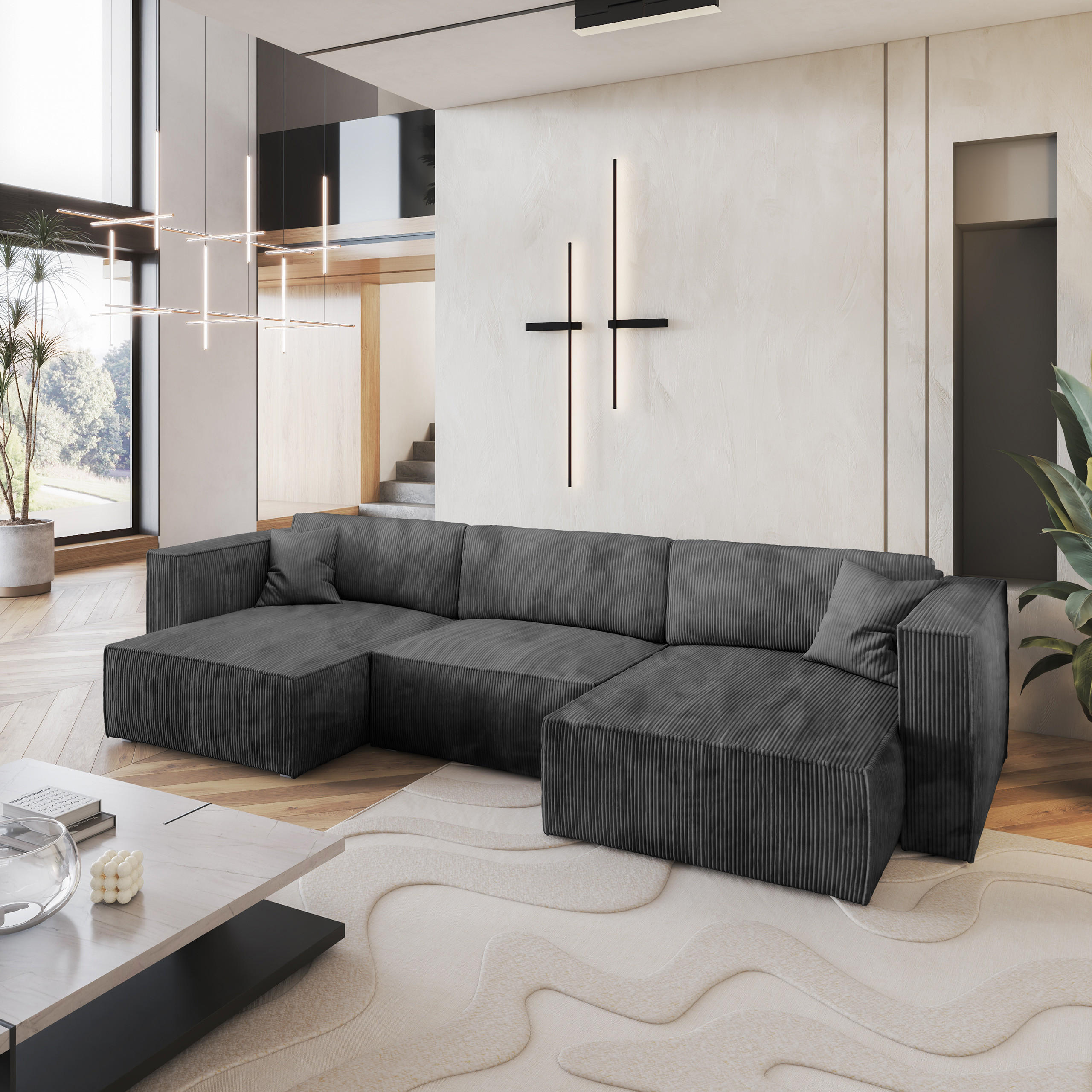 WOHNLANDSCHAFT SARMO P Graphitfarben Kordstoff mit Schlaffunktion - Graphitfarben, Holz (347/70/148cm) - MASSENO