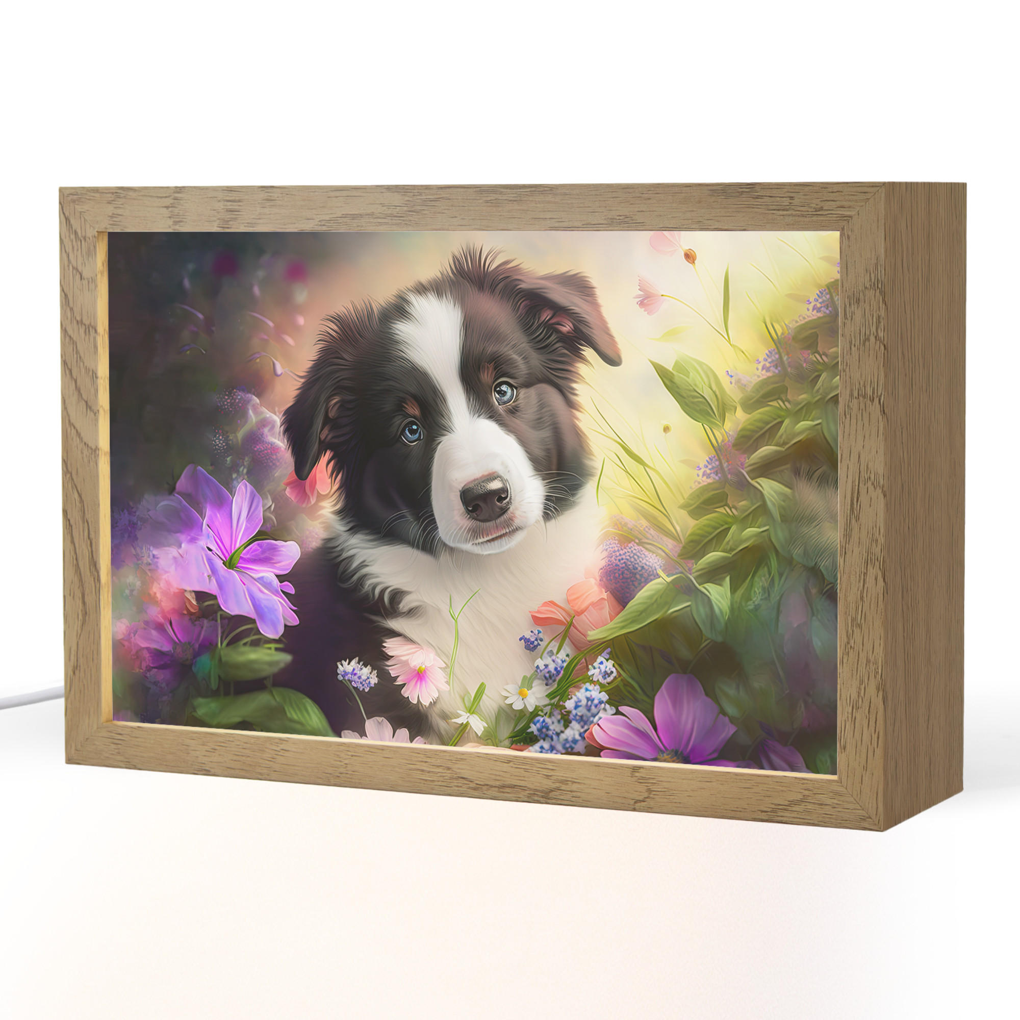 NACHTTISCHLAMPE Welpe - Sonne - Blumen - Natur - Border Collie - Hund 30x20 cm - Violett, Holzwerkstoff (8/30/20cm)