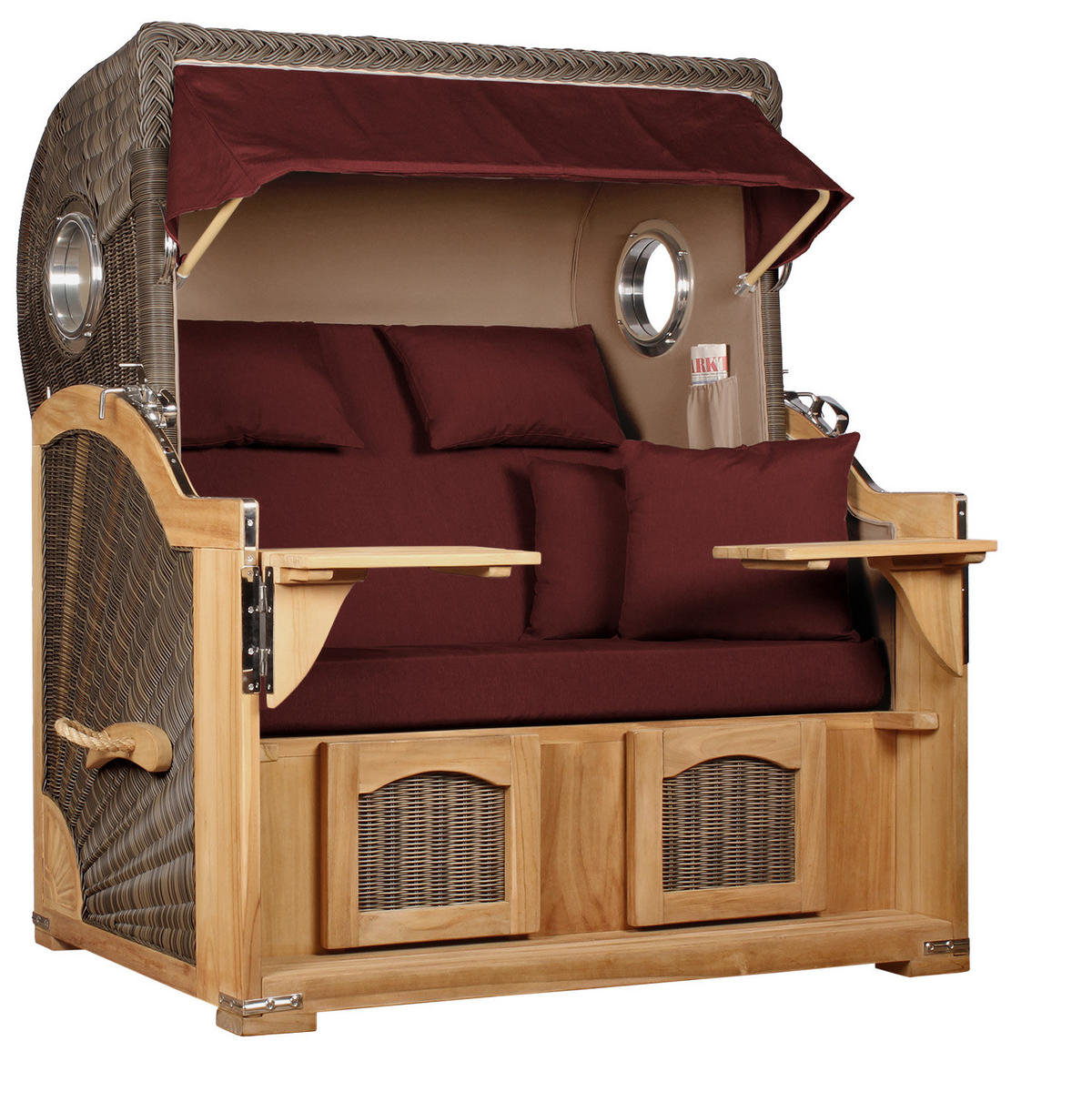 STRANDKORB Düne Grande Bullauge Teak PE Grey Dessin 550 - Rot/Braun, Metall (142/170/95cm) - Mr. Deko