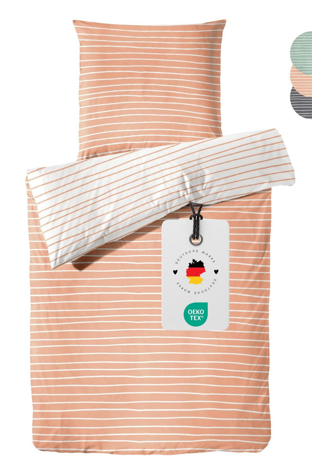 BETTWÄSCHE Mako Perkal 240x220 cm aus 100% Baumwolle mit Reißverschluss, 3 teilig Bettbezug gestreift 240 x 220 - Orange - Orange, Textil (240/220cm) - Carpe Sonno
