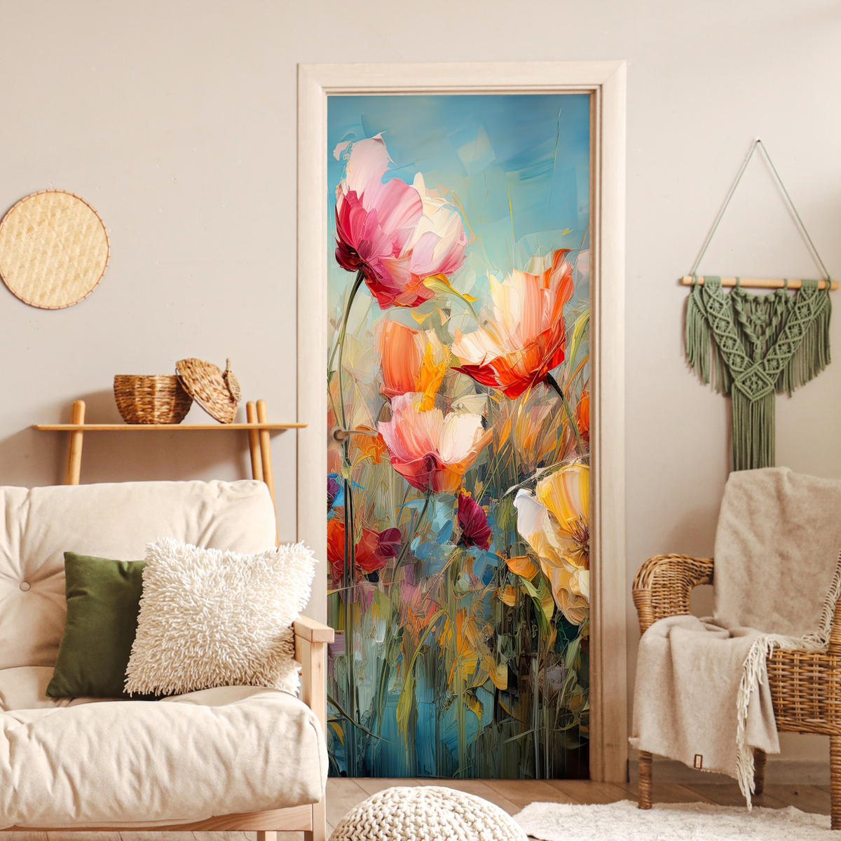 NÁLEPKA NA DVERE Kvety - Akvarel - Umenie - Botanické - Príroda 80x215 cm - oranžová, plast (80/0.1cm) - MuchoWow