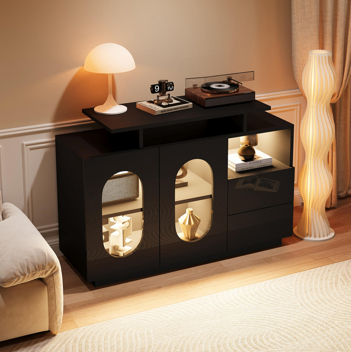 SIDEBOARD 120/40/80 cm mit LED-Beleuchtung, Glastüren und verstellbaren Einlegeböden, Schwarz - Schwarz, Holzwerkstoff (120/80/40cm) - Redom