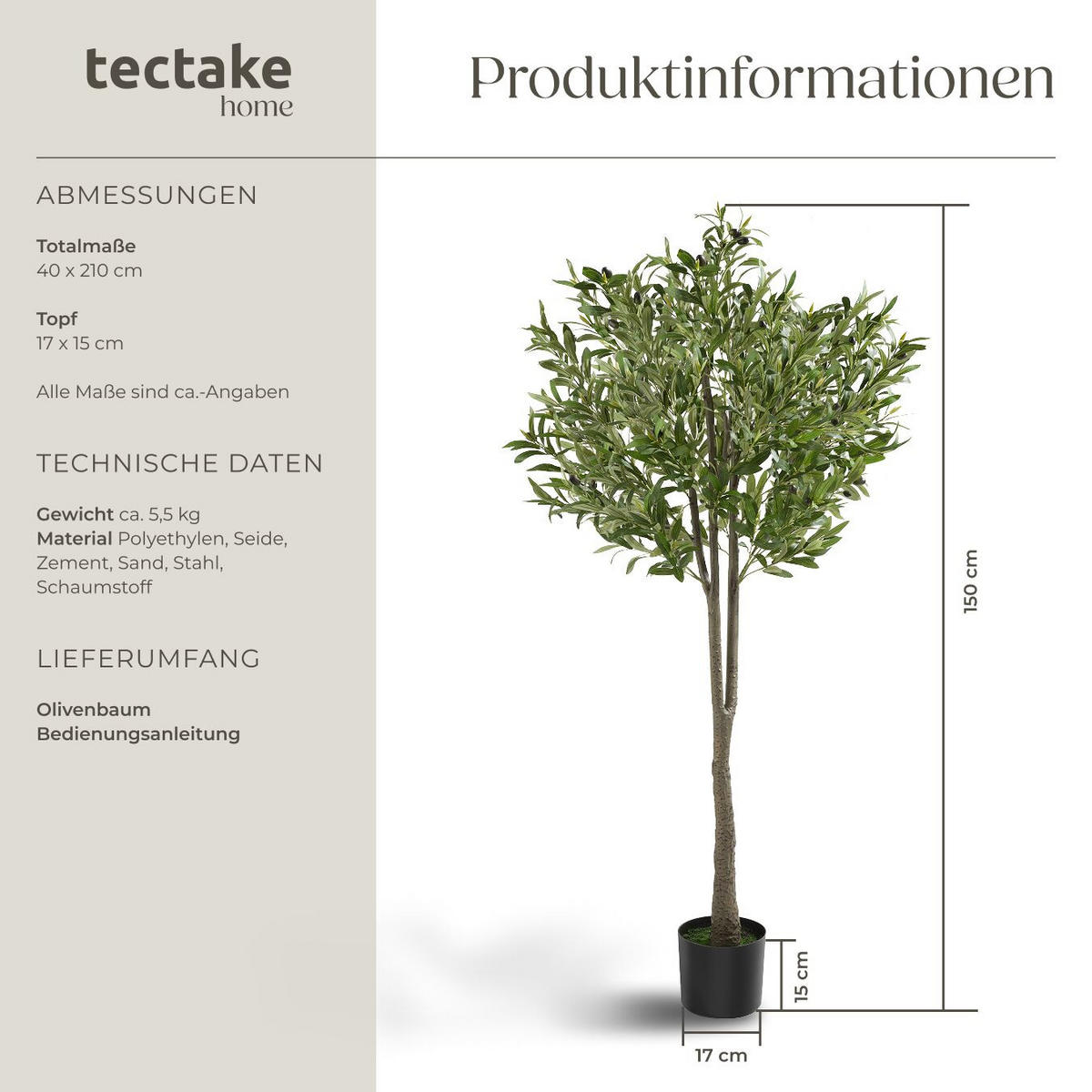 KÜNSTLICHER-OLIVENBAUM Oleand,stabiler Kunststoff-Blumentopf,grün - Grün, Kunststoff (150cm) - tectake