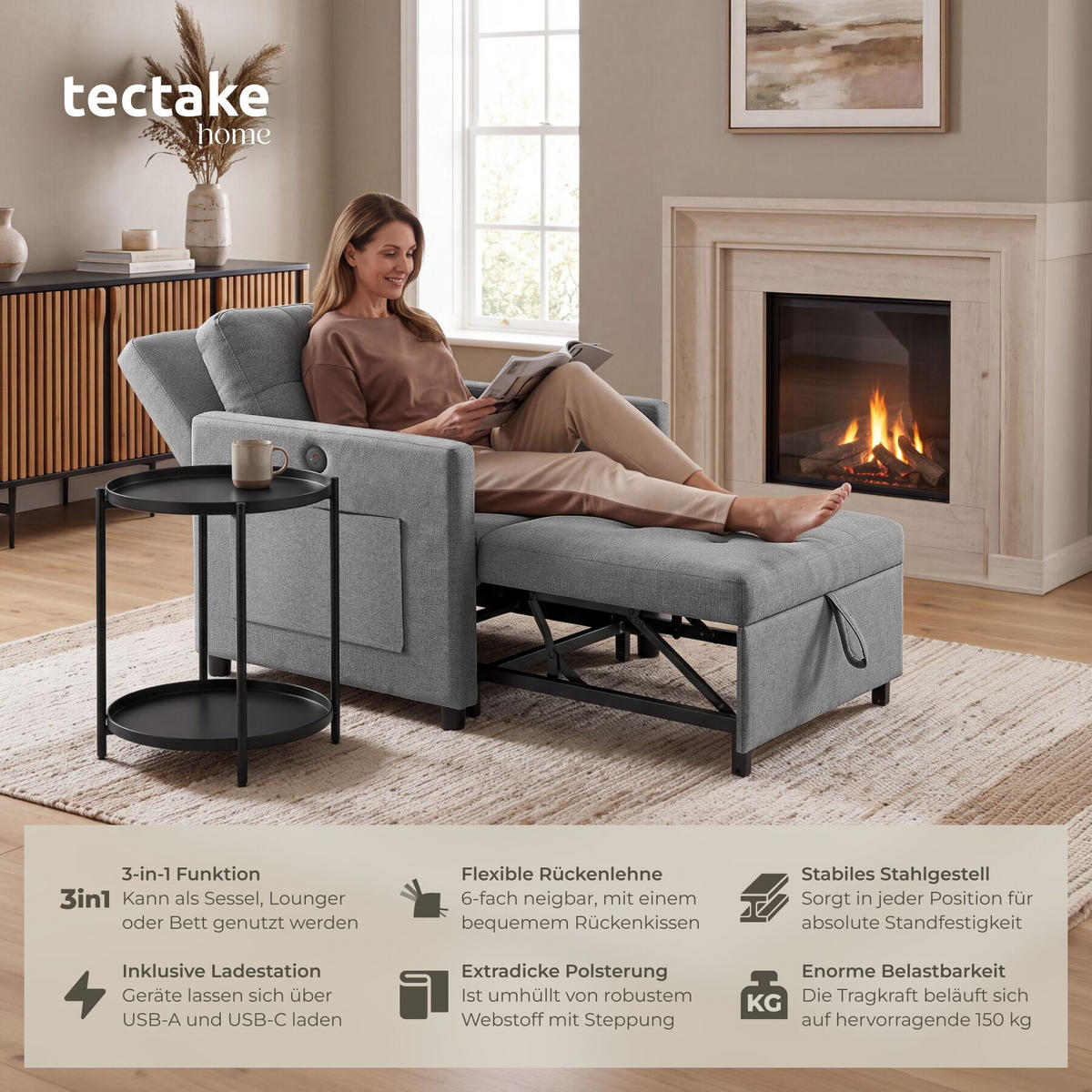SCHLAFSESSEL Toyama, 82 x 80 x 86 cm, Belastbarkeit 150 kg, grau - Grau, Textil (82/86/144cm) - tectake