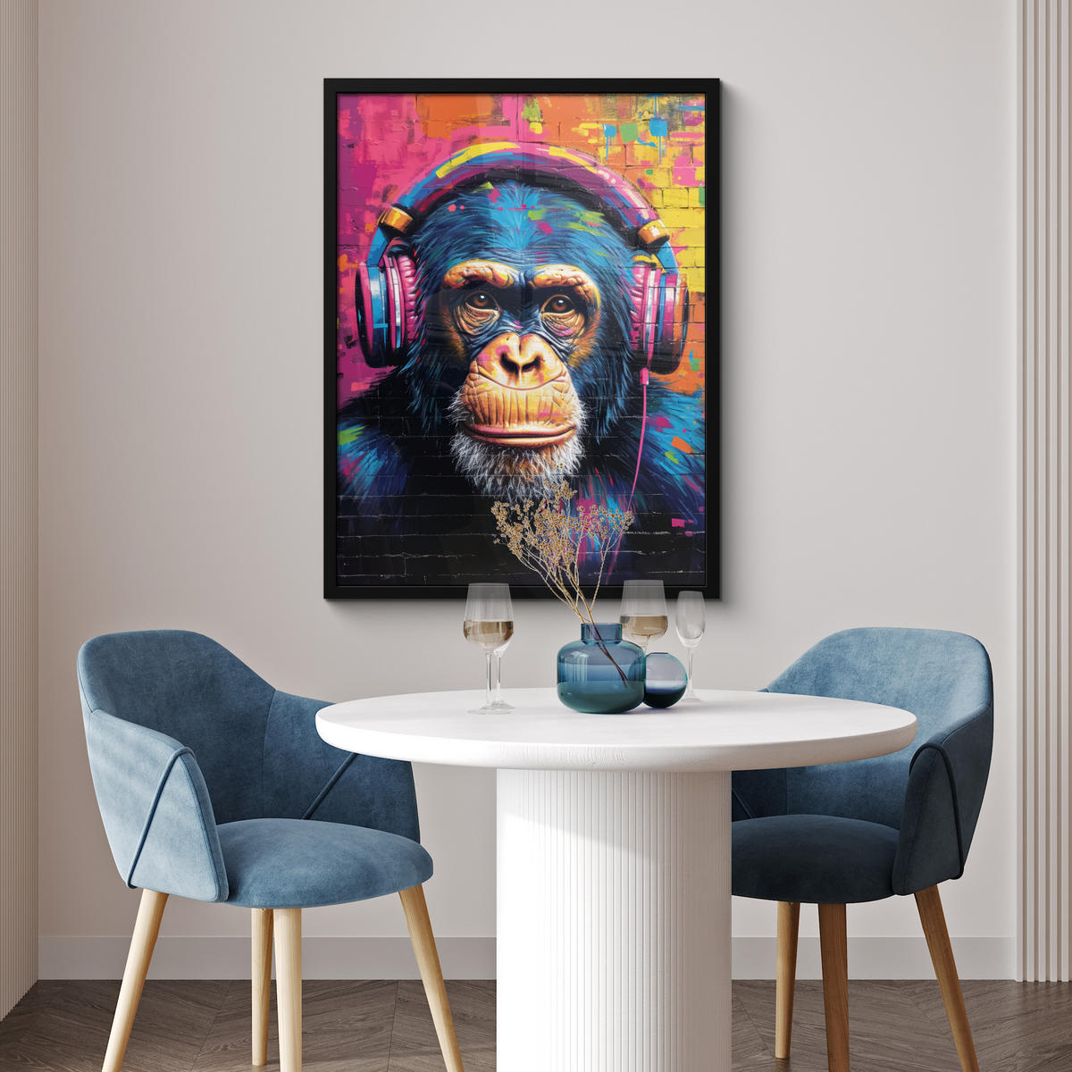GERAHMTES BILD Graffiti - Schimpanse - Straßenkunst - Kopfhörer - Affe 60x80 cm - Blau, Papier (60/80cm) - MuchoWow