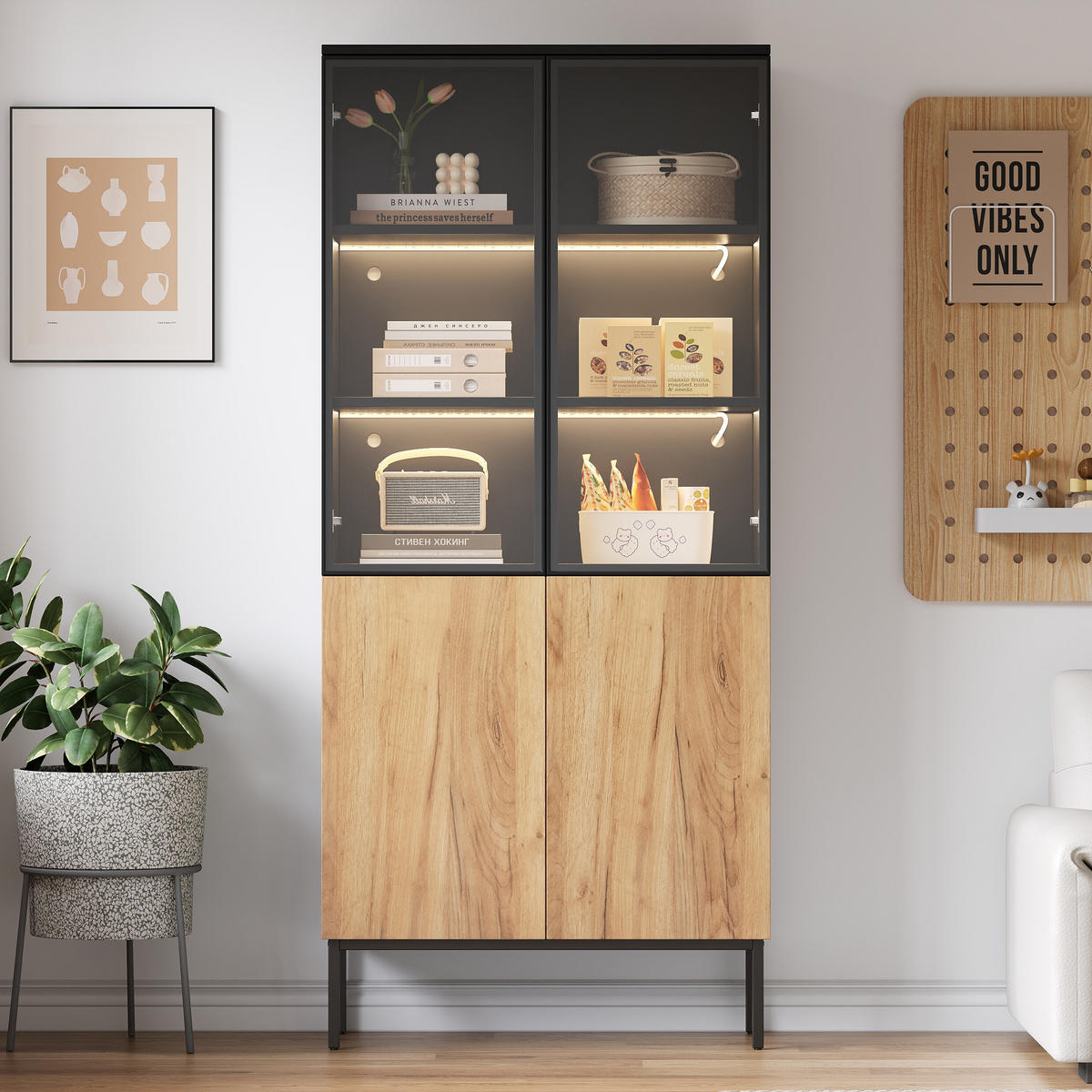 VITRINE mit Glastüren Schwarz und Eiche - Schwarz/Braun, Holzwerkstoff (31/180/74cm) - Urban Meuble