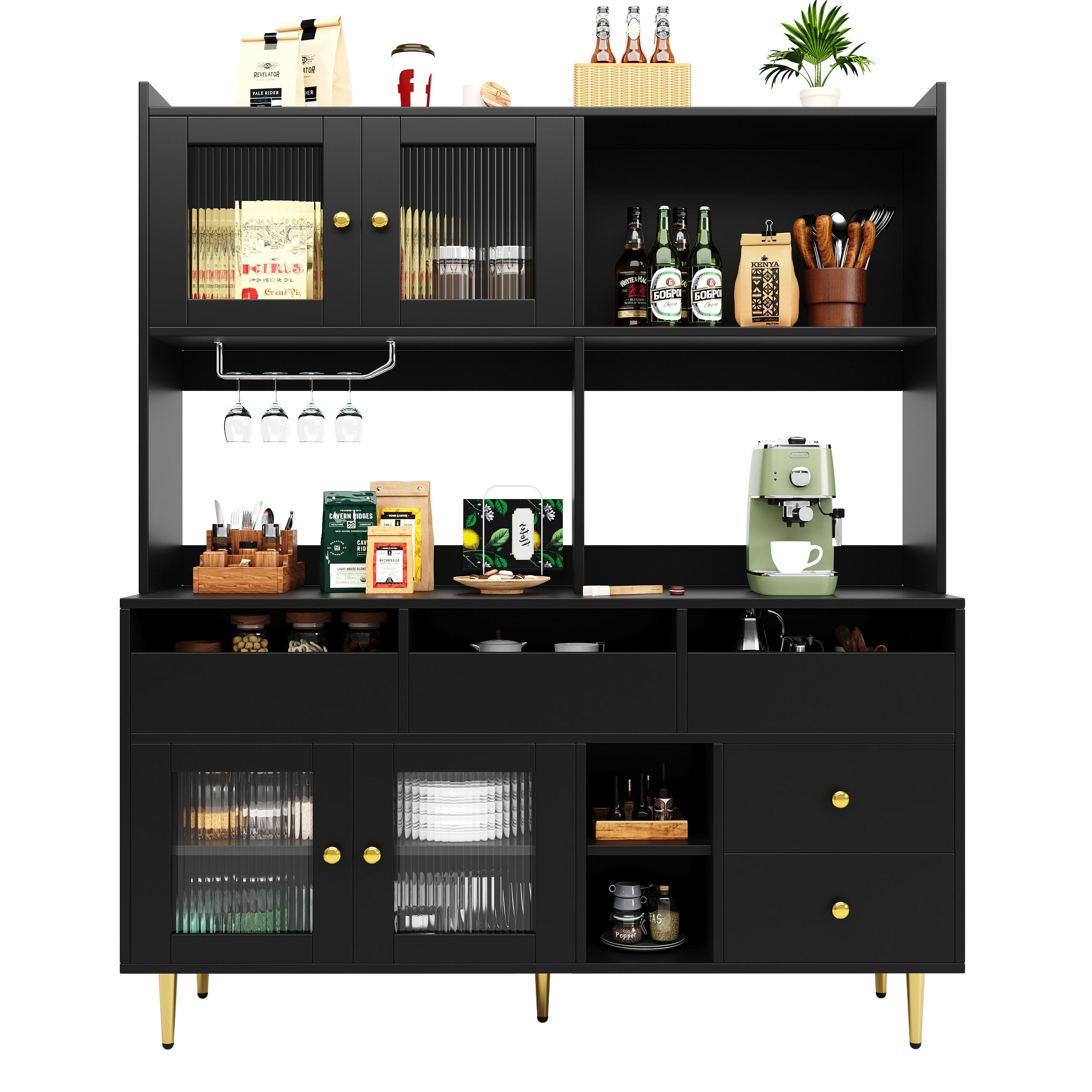 HOCHSCHRANK 145x39x171cm Glas Weinregal Schwarz Gold - Schwarz, Holzwerkstoff (145/171/39cm) - FLIEKS