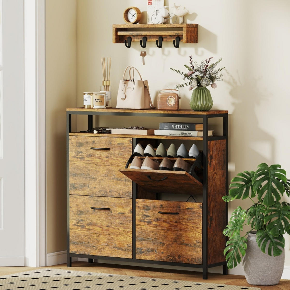SCHUHKIPPER DE-38030 98/24/95 cm mit 4 Klappfächern Braun - Braun, Holzwerkstoff (98/95/24cm) - ComfortXL
