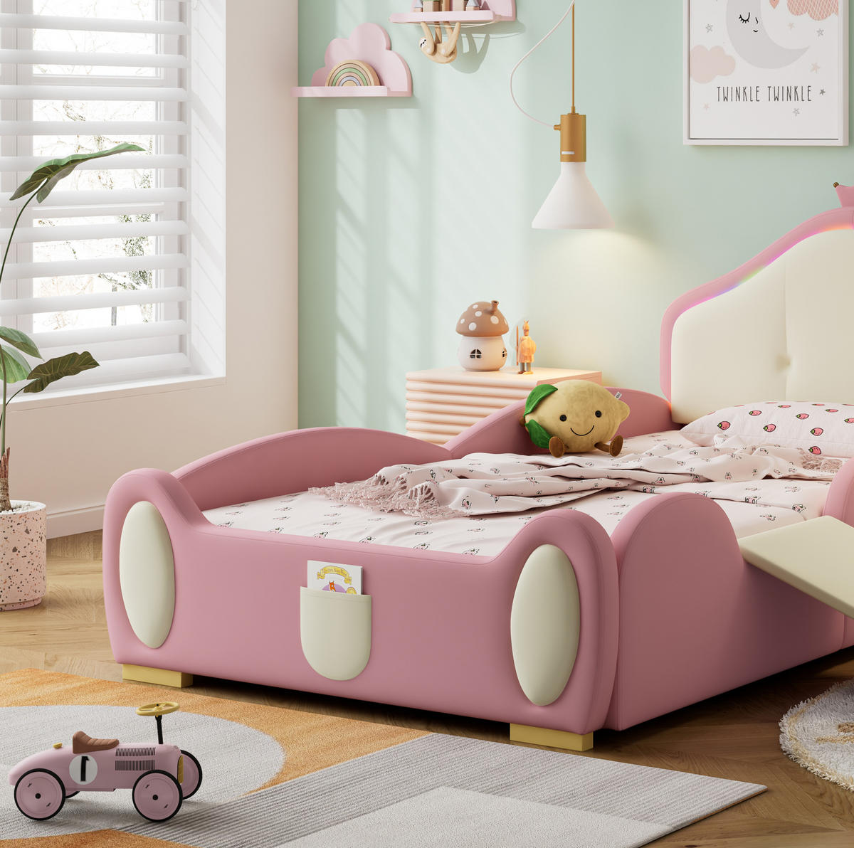 KINDERBETT 90/200 cm Crown Cartoon Rosa mit Rutsche und LED-Beleuchtung aus PU - Rosa, Kunststoff (90/200cm) - OKWISH