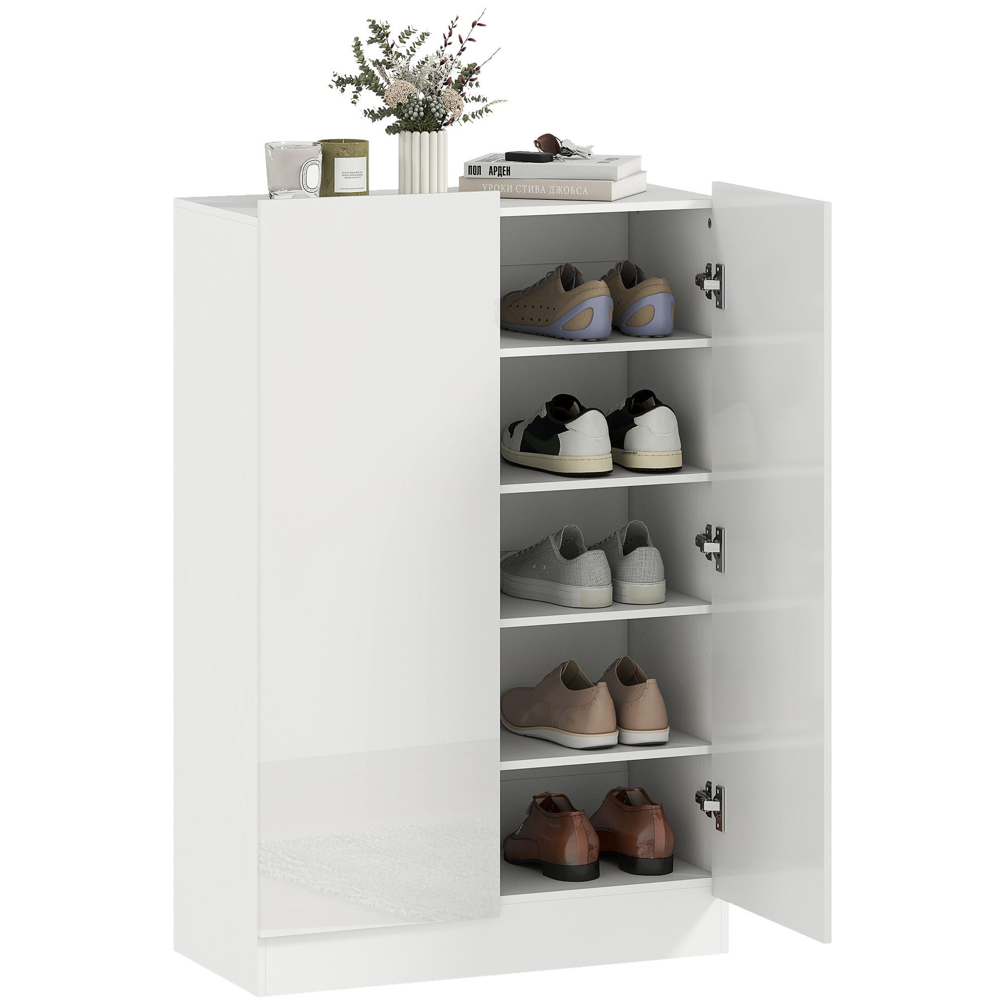 SCHUHSCHRANK DE-15098 20 Paar Schuhe, 5 Ebenen Weiß Hochglanz - Weiß, Holzwerkstoff (72/103/34.5cm) - ComfortXL