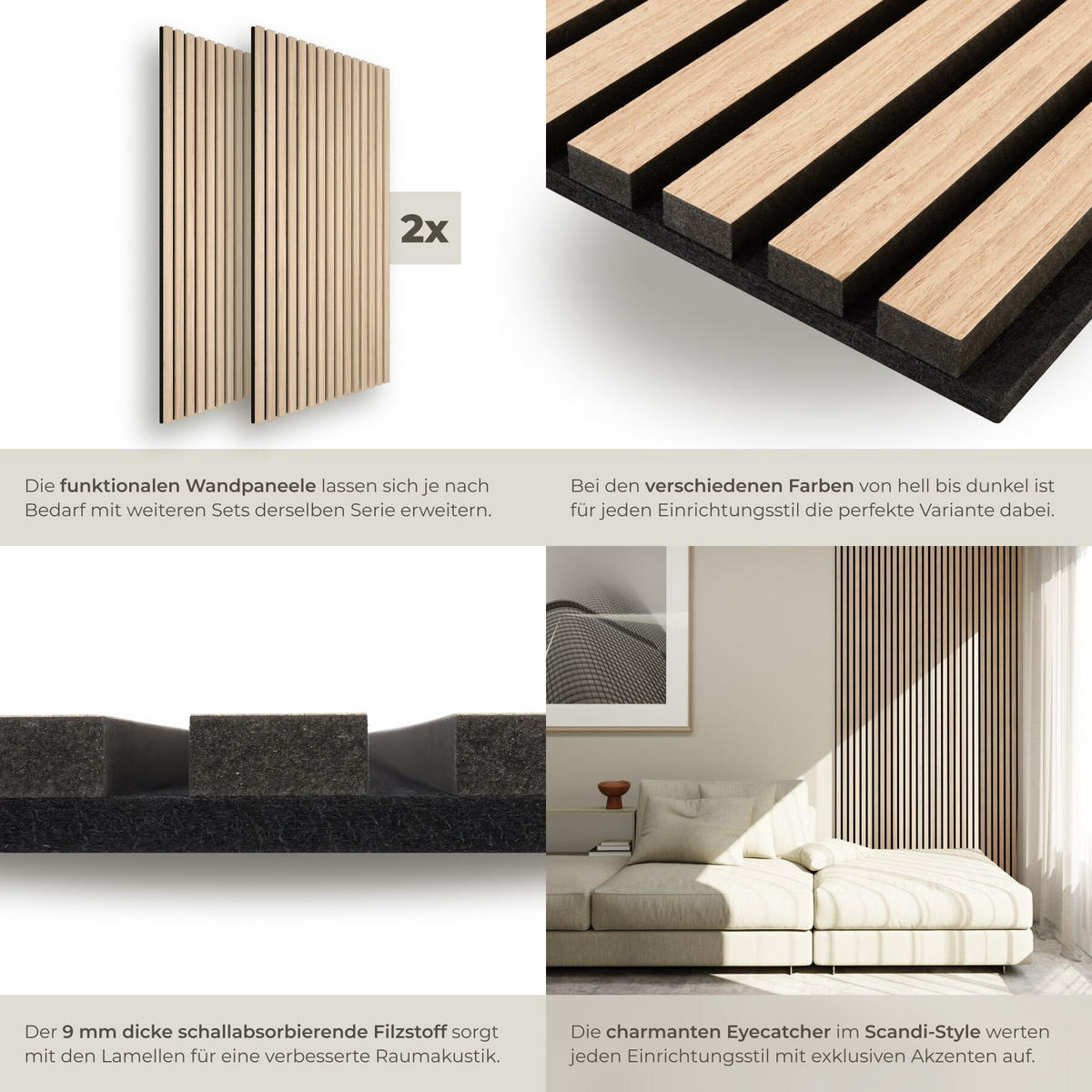 AKUSTIKPANEELE Sonic Wall, je 60 x 120 x 2,1 cm, Größe flexibel anpassbar, Eiche hell - Eichefarben, Holz (60/2.1/120cm) - tectake