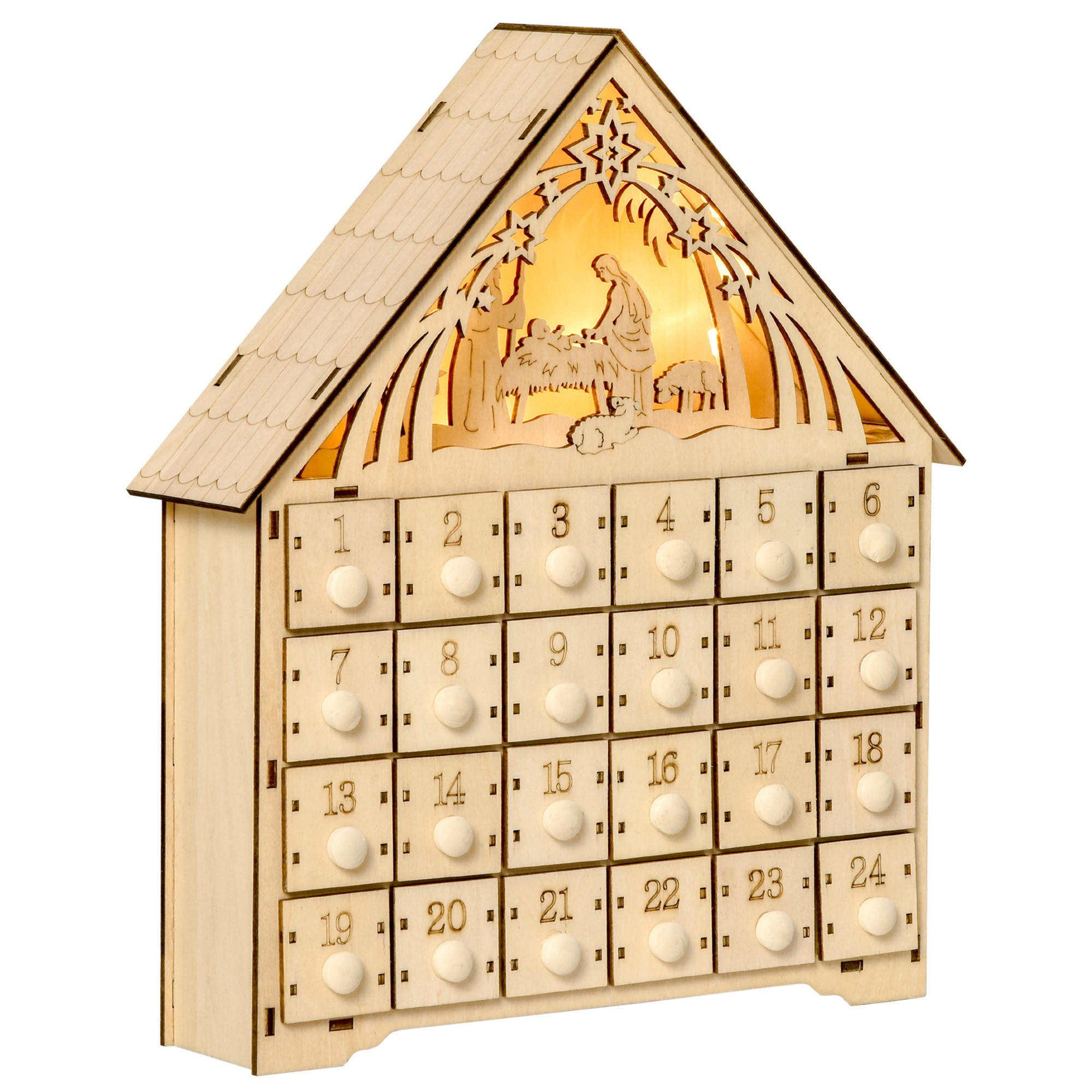 HOMCOM ADVENTNÍ KALENDÁŘ Vánoční kalendář 24 zásuvek s LED světly MDF přírodní dřevo