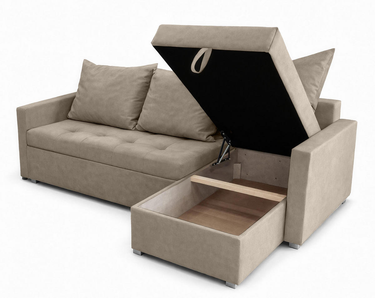 ECKSOFA Universelle L Form Elif Hellbraun 220/140/85 cm stilvolle mit Schlaffunktion - Hellbraun/Silberfarben, Kunststoff/Textil (220/140cm) - AX Living