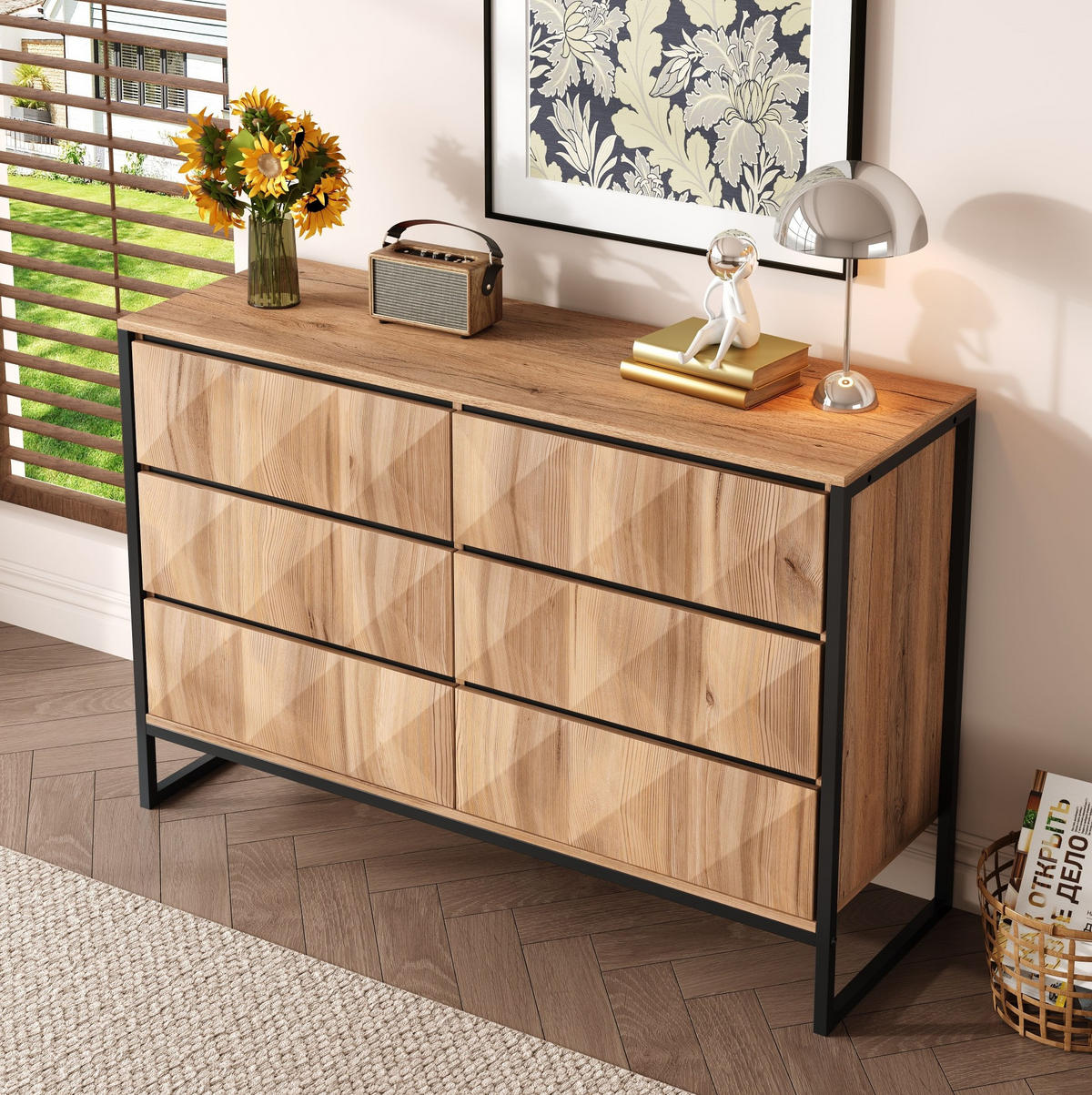 SIDEBOARD 120/40/80 cm mit 6 Schubladen in Schwarz & Natur im industriellen Look - Naturfarben, Holzwerkstoff (120/80/40cm) - BEAOK