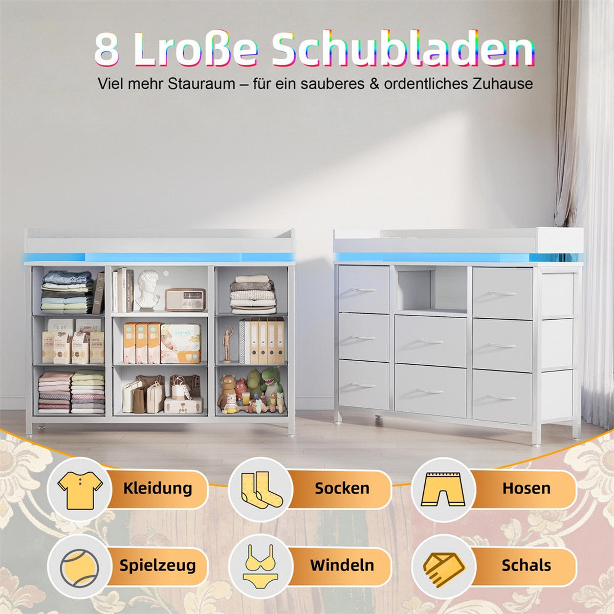 KOMMODE mit 8 Schubladen - integrierte Ladestation und RGB-LED-Beleuchtung - Weiß - Weiß, Holzwerkstoff (108/82/30cm) - DELFA