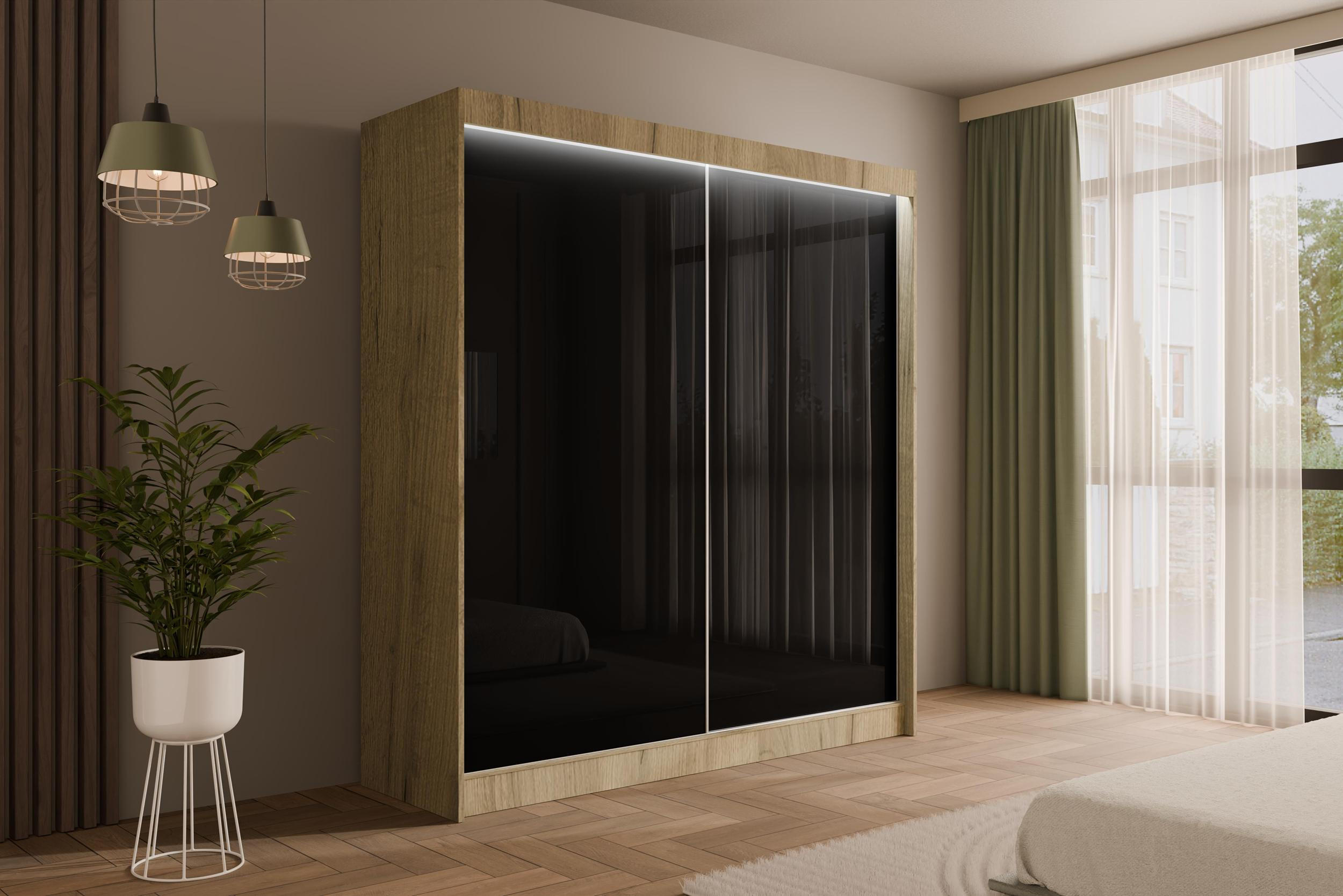KLEIDERSCHRANK PEKA mit LED - 200 cm - Eichefarben|Schwarz - Eichefarben/Schwarz, Holzwerkstoff (200/215/61cm) - ALTDECOR