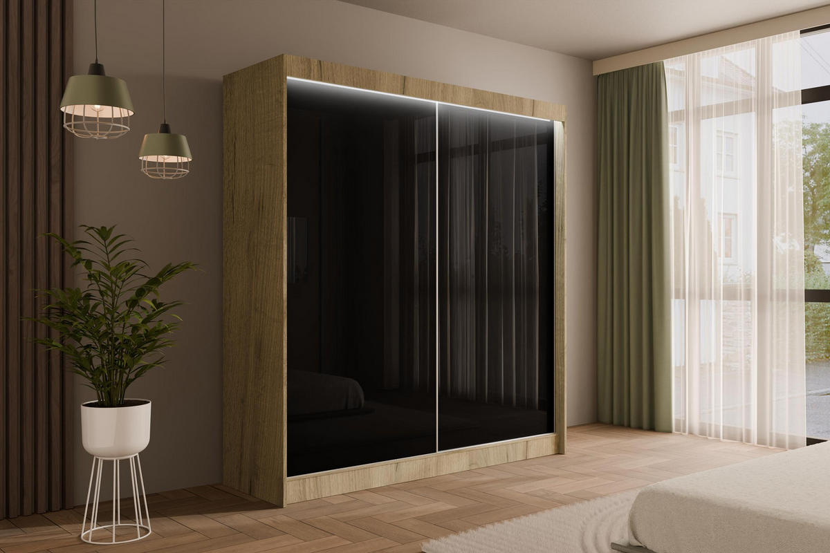 KLEIDERSCHRANK PEKA mit LED - 200 cm - Eichefarben|Schwarz - Eichefarben/Schwarz, Holzwerkstoff (200/215/61cm) - ALTDECOR