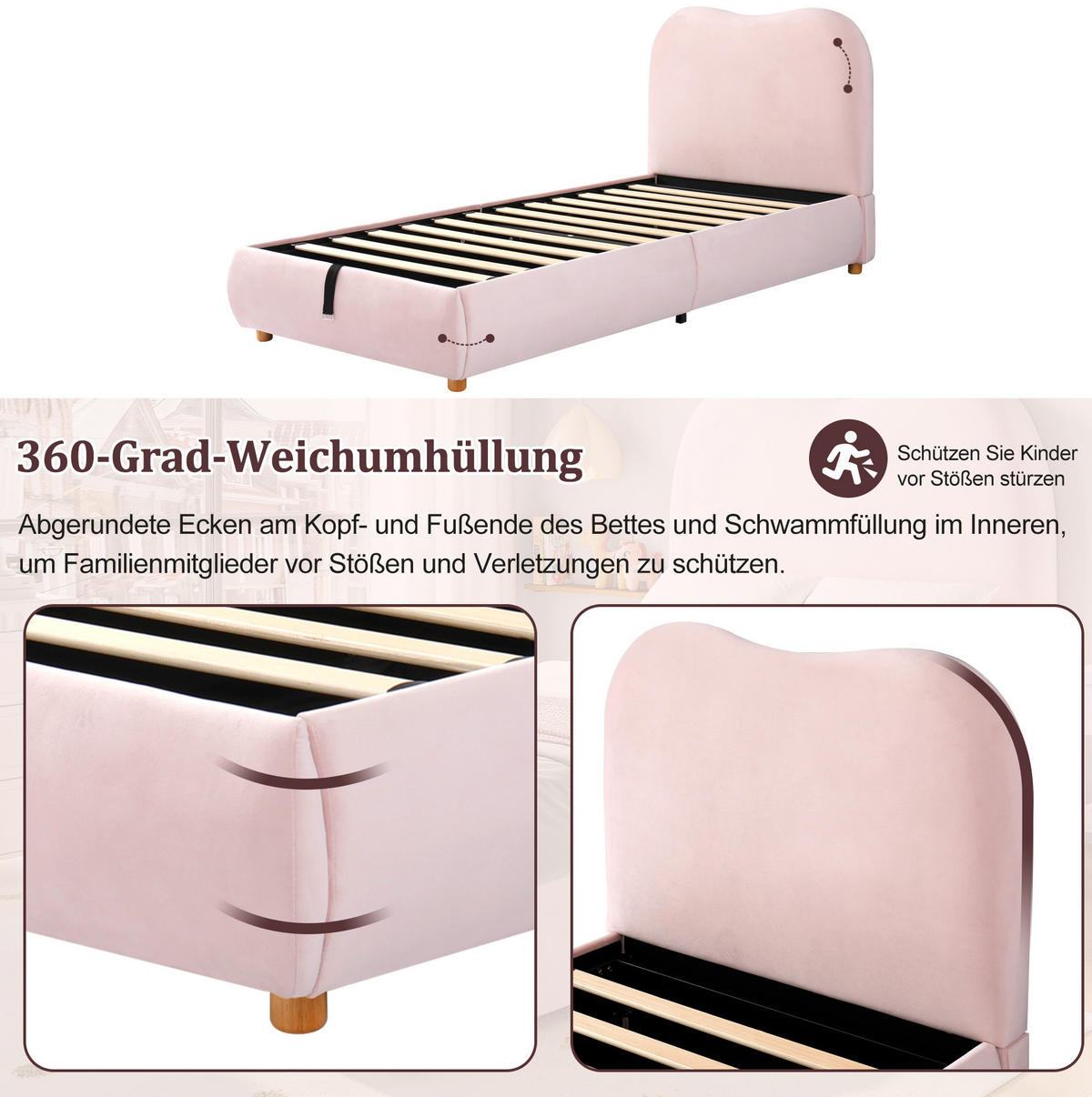 POLSTERBETT 90/200 cm Pink Samt mit hydraulischem Bettkasten und Lattenrost - Rosa, Textil (90/200cm) - OKWISH