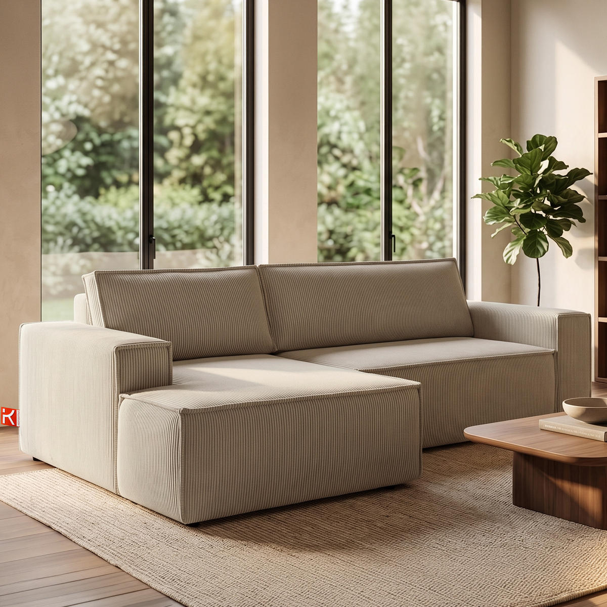 ECKSCHLAFSOFA-LINKS NAPI in Pet Friendly Cord-Stoff, beige - Beige/Schwarz, Textil (262/148cm) - KONSIMO®