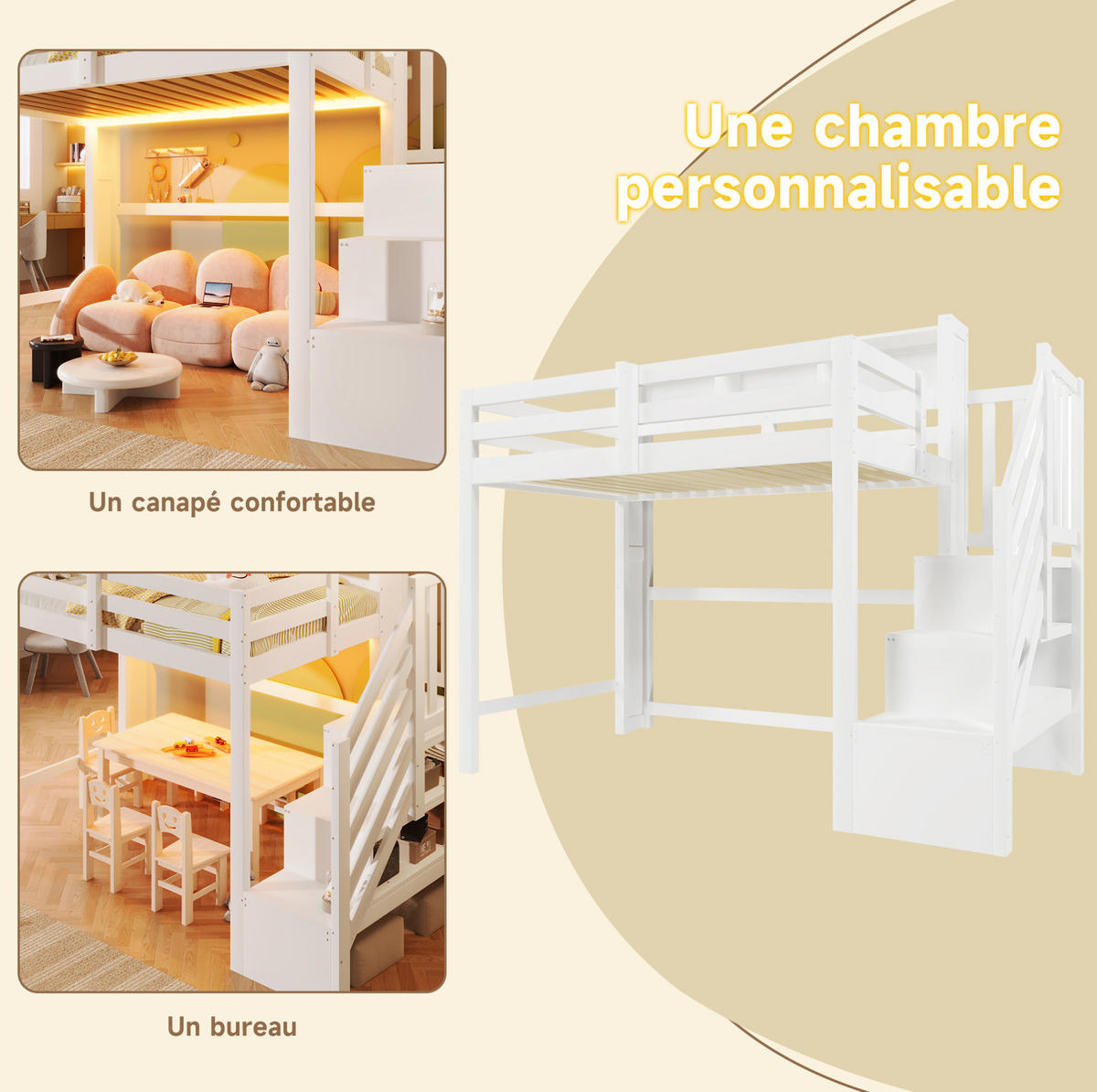 HOCHBETT 90/200 cm mit LED-Beleuchtung, Stauraumtreppe und offenem Staufach, Weiß - Weiß, Holz (90/200cm) - Redom